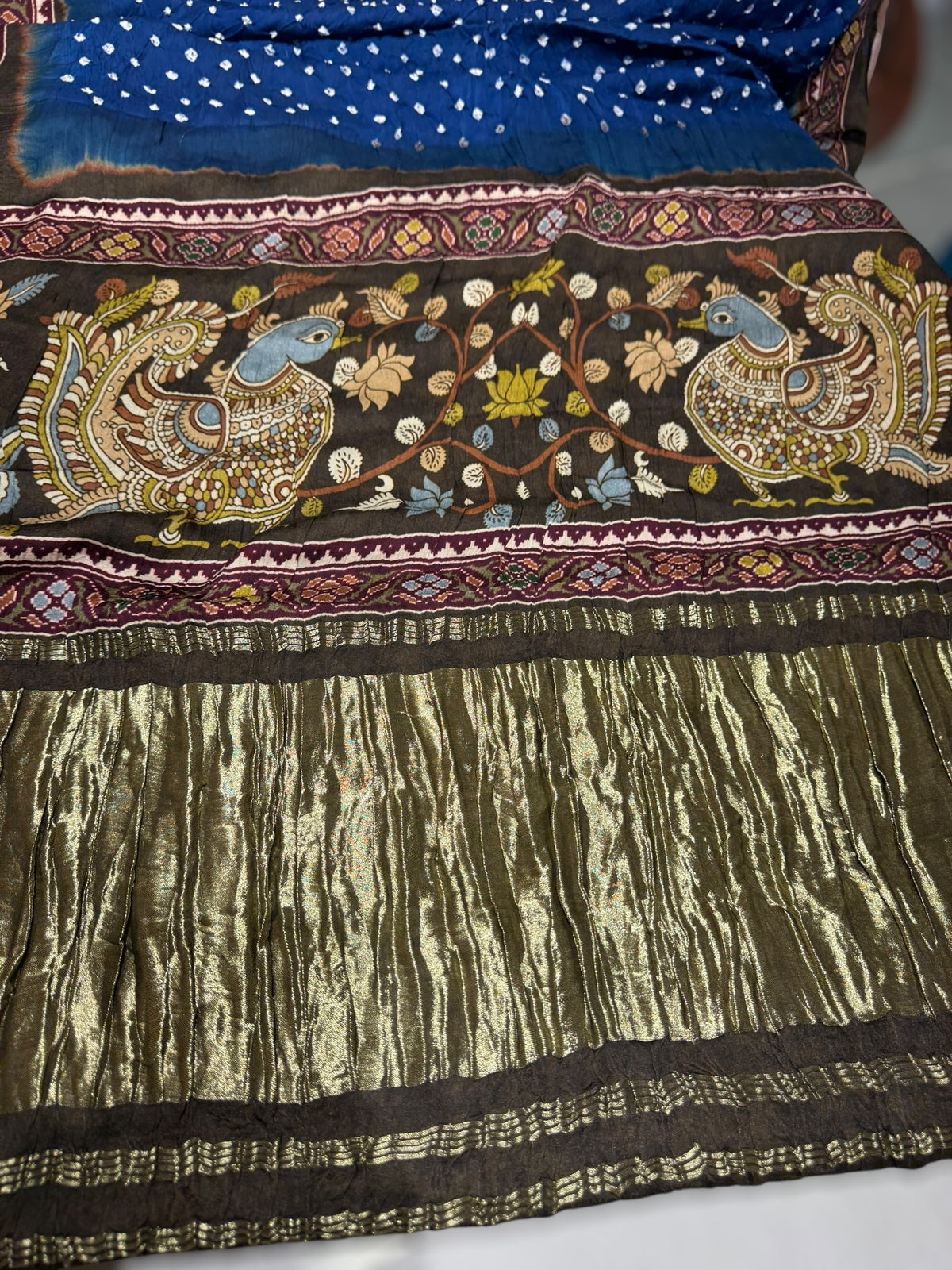 Blue bandhini kalamkari modal satin saree