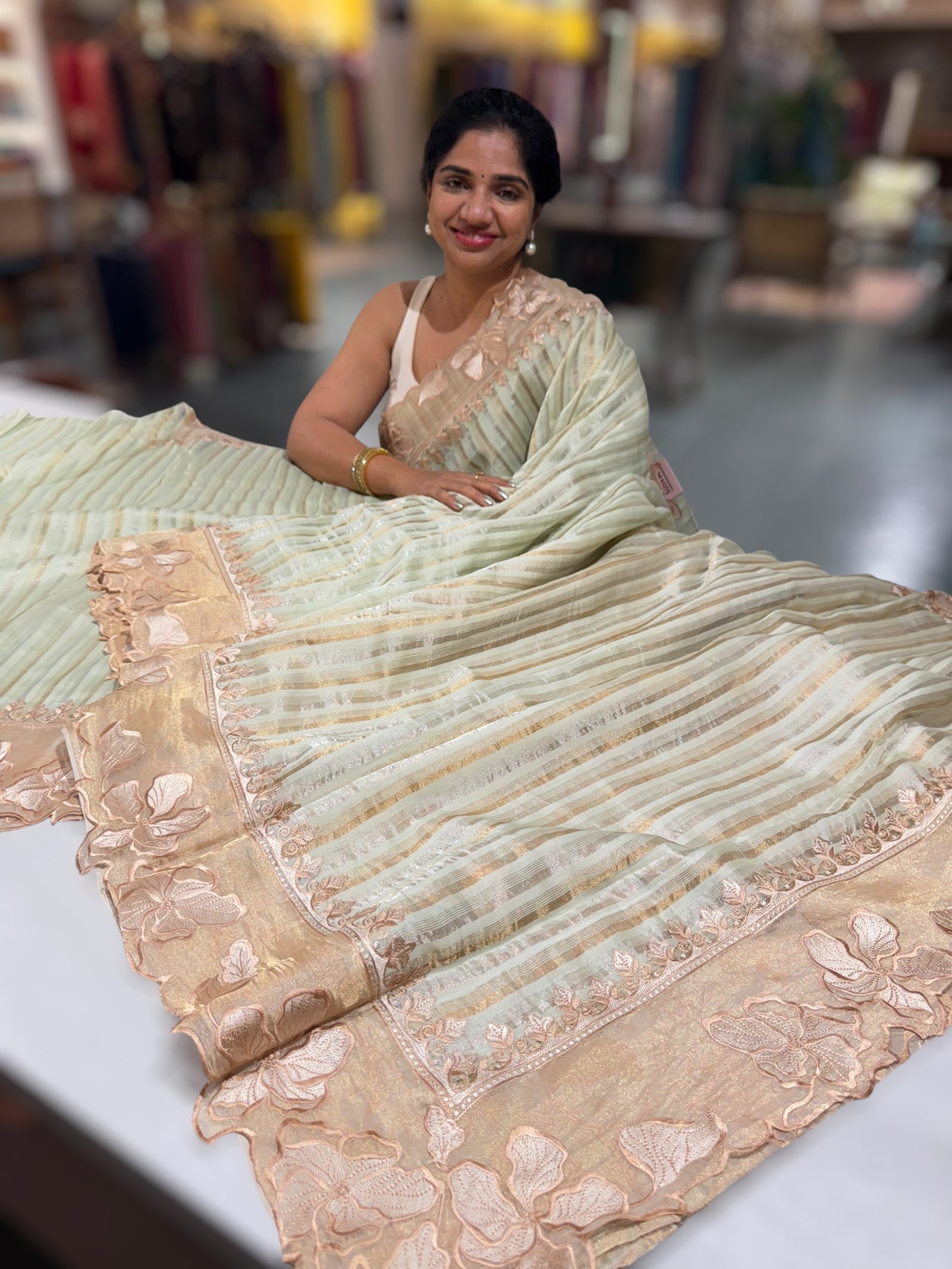 Mint Green Mul Tissue Stripes Saree With Tissue Cutwork  Border & Blouse