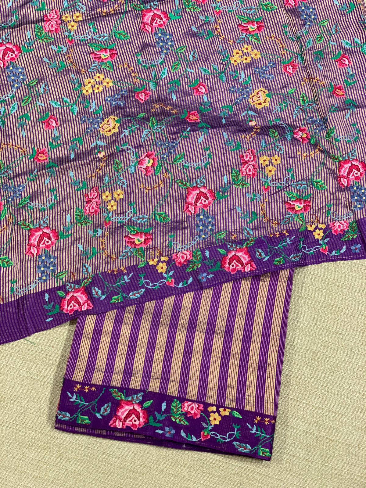 Brinjal Banarasi Tissue stripes Saree with petite point embroidery