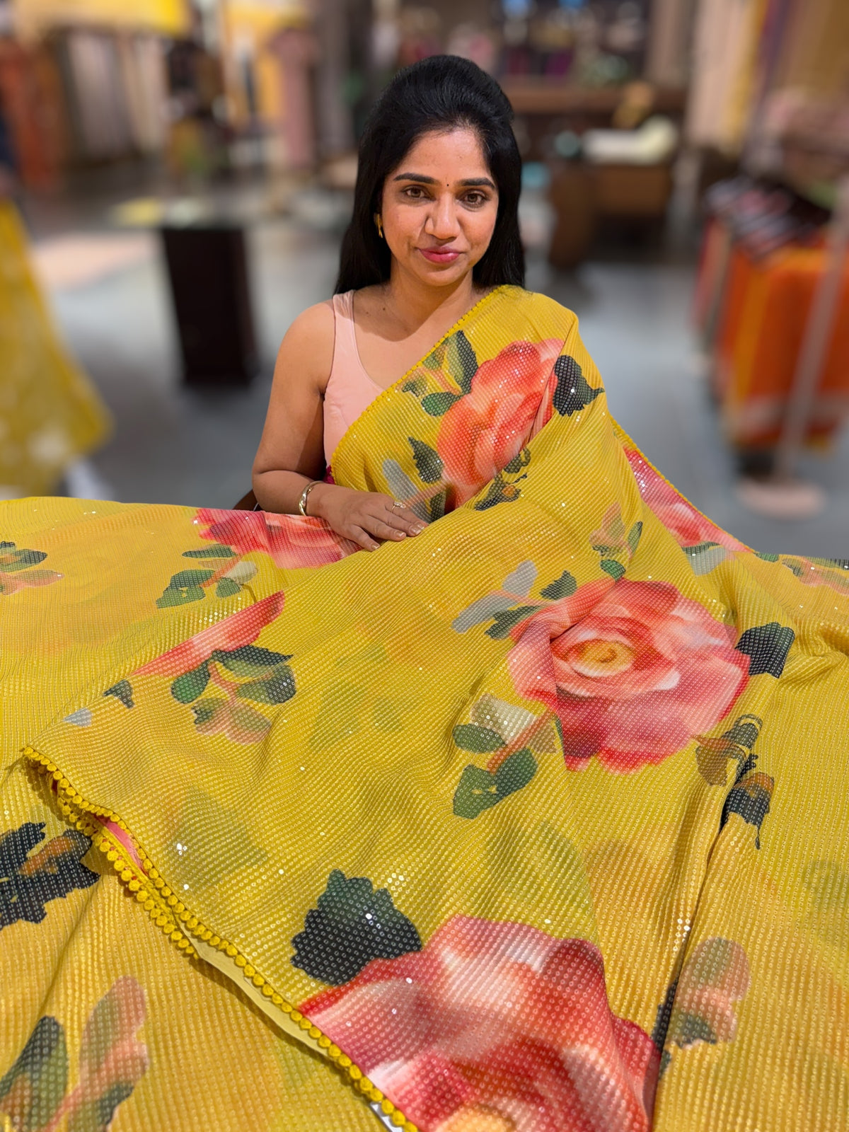 Mango Yellow georgette sequence saree with statement floral print