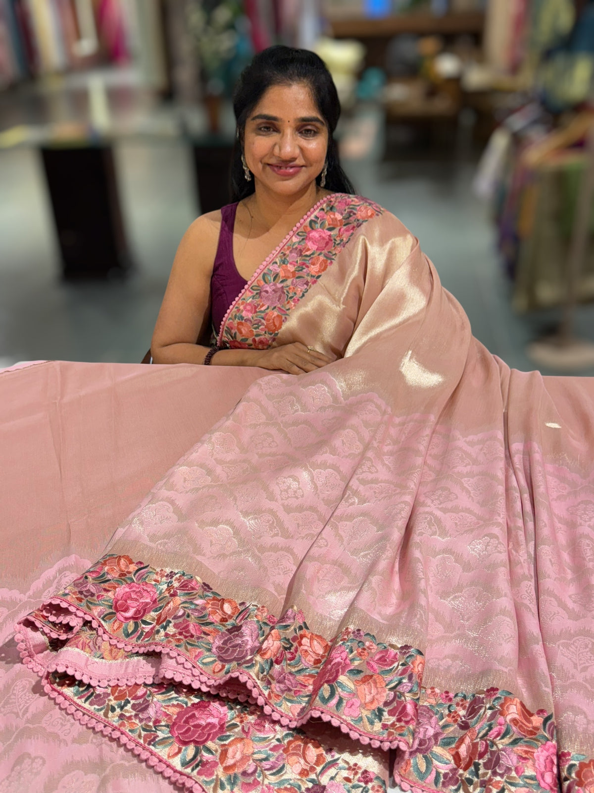 Baby Pink Banarasi Brocade tissue saree with tonchui style weaving and parsi gara embroidered border