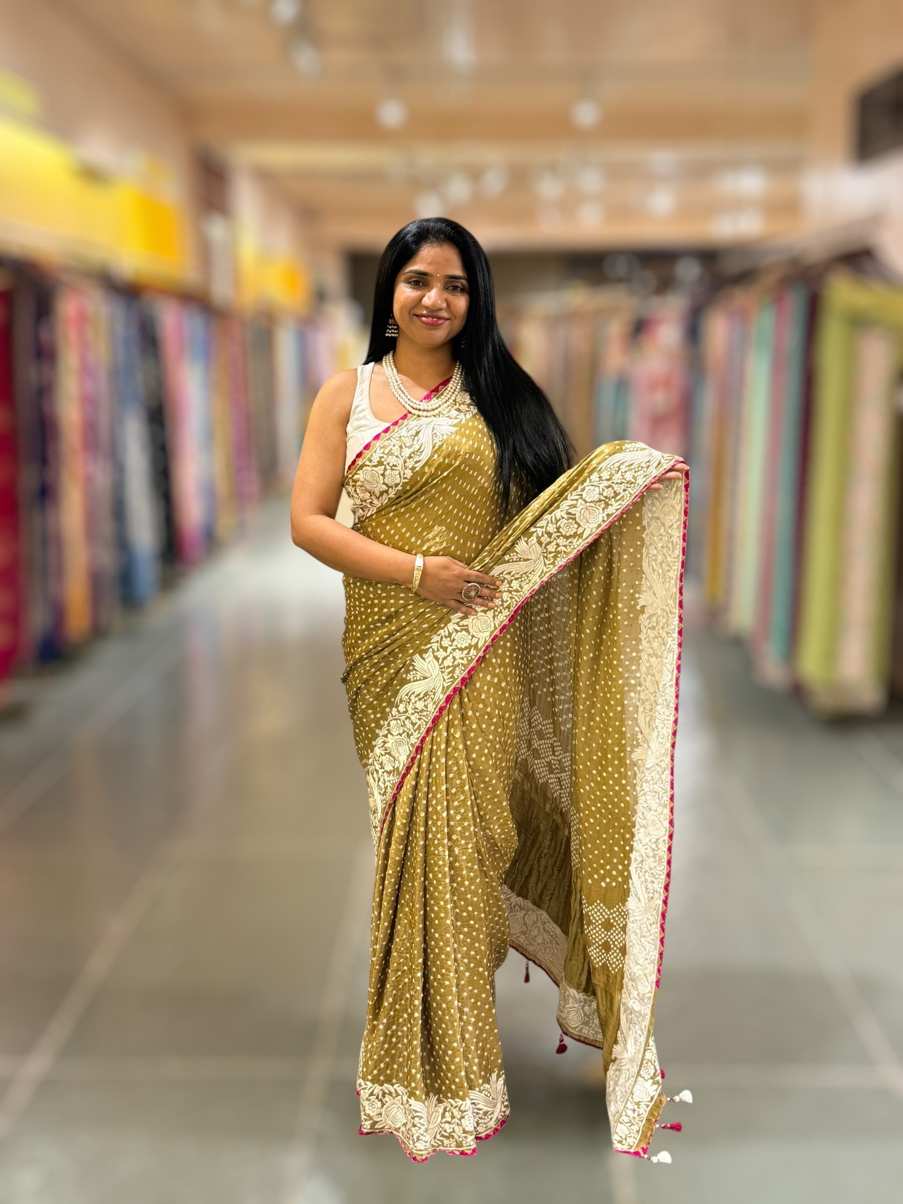 Mehendi Green Pure Gajji Silk Bandhej Saree With Parsi Gara Embroidered Border.