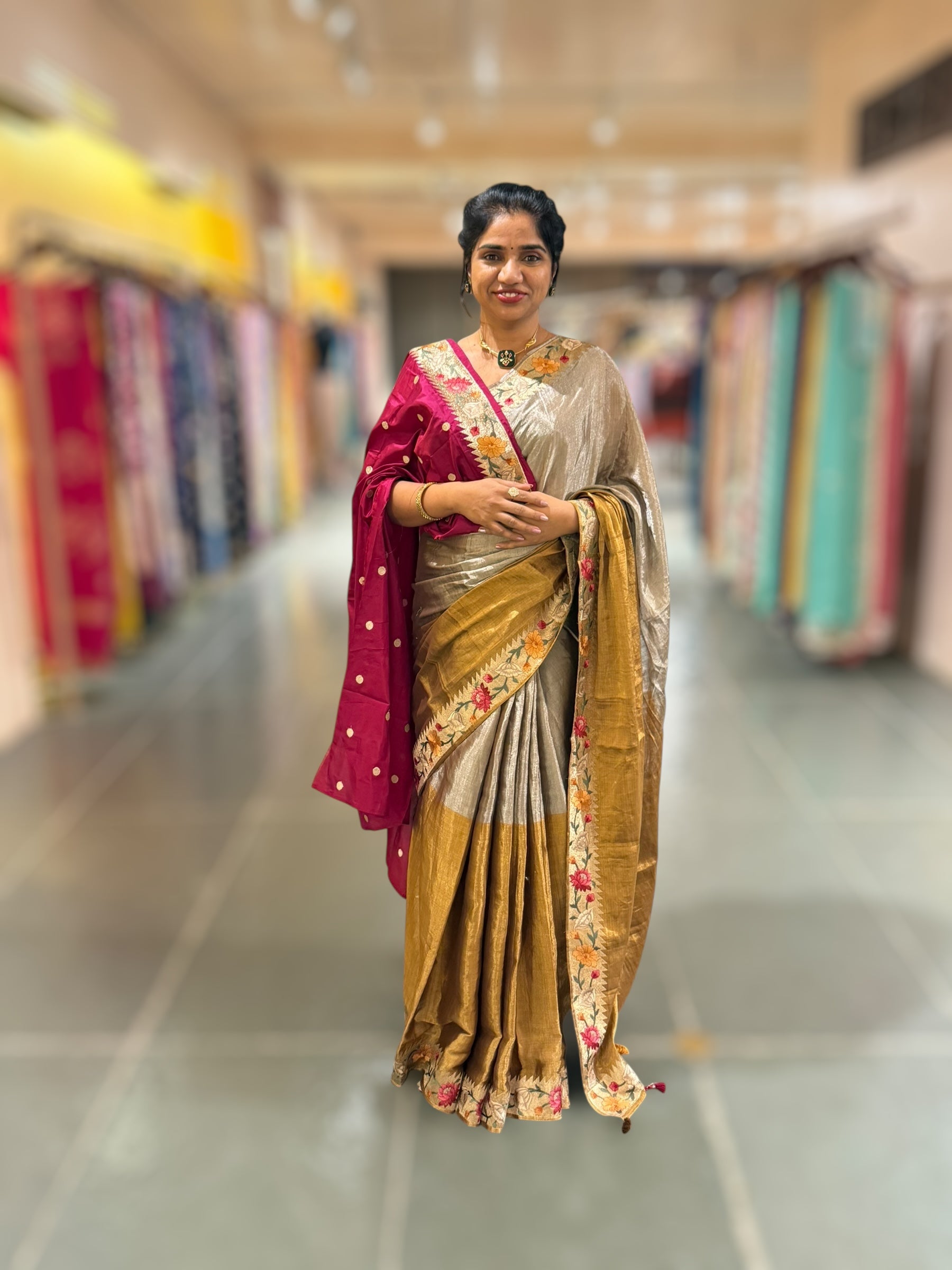 Handloom Tissue Saree with Paithani inspired embroidered border.