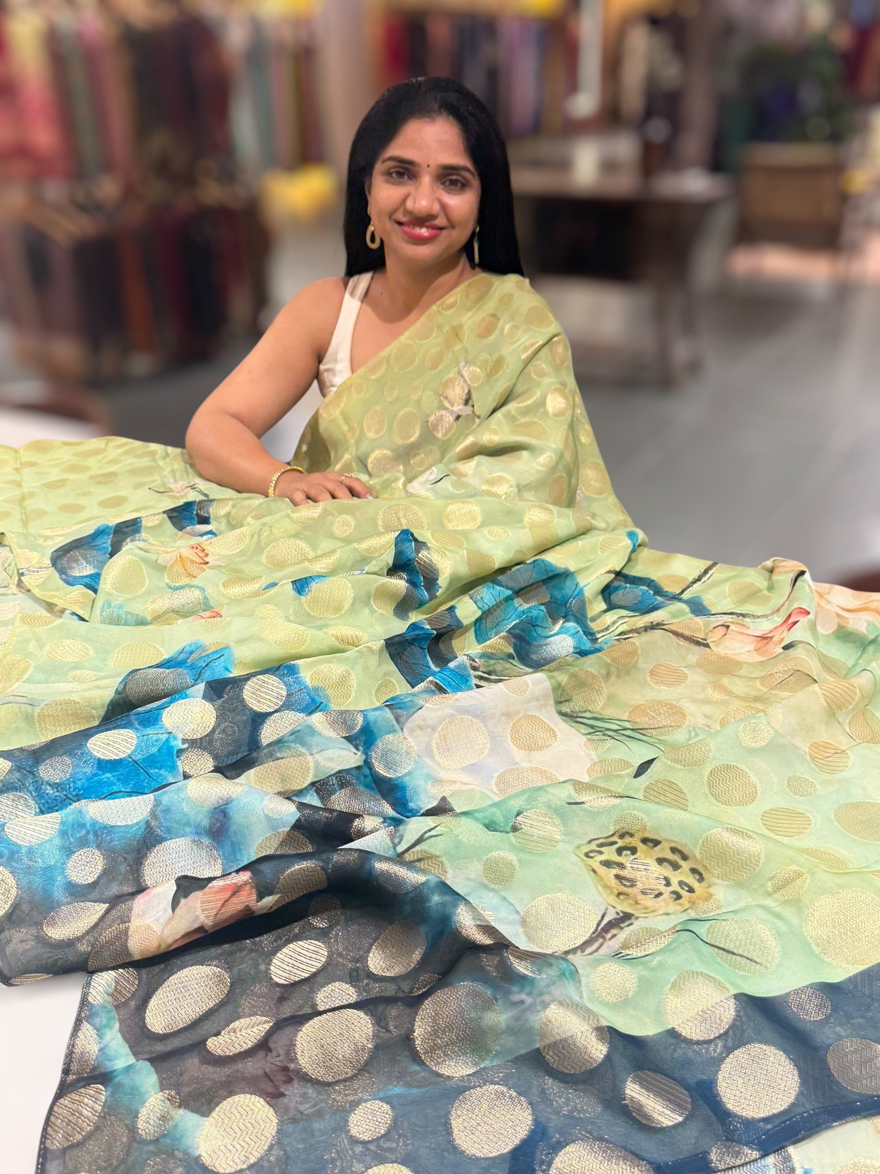 Mint Green Banarasi Kora Gorgette Polka dot Printed Saree