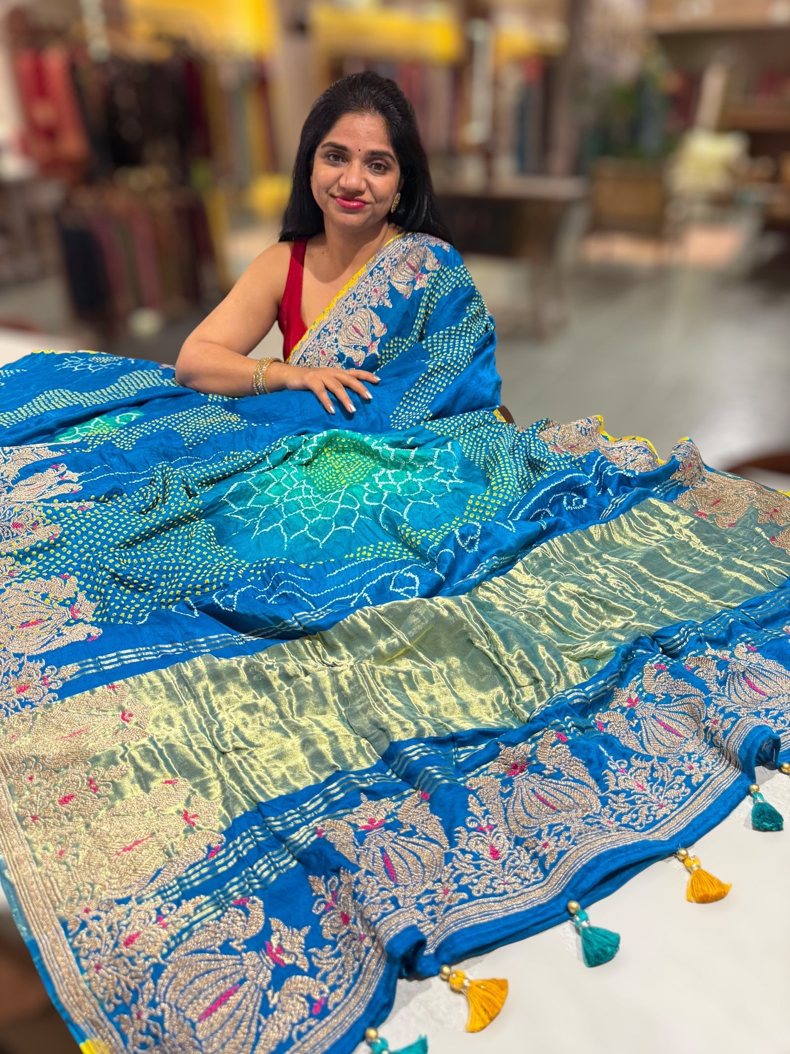 Copper Sulphate Blue Designer Rai Bandhej Saree With Embroidered Border