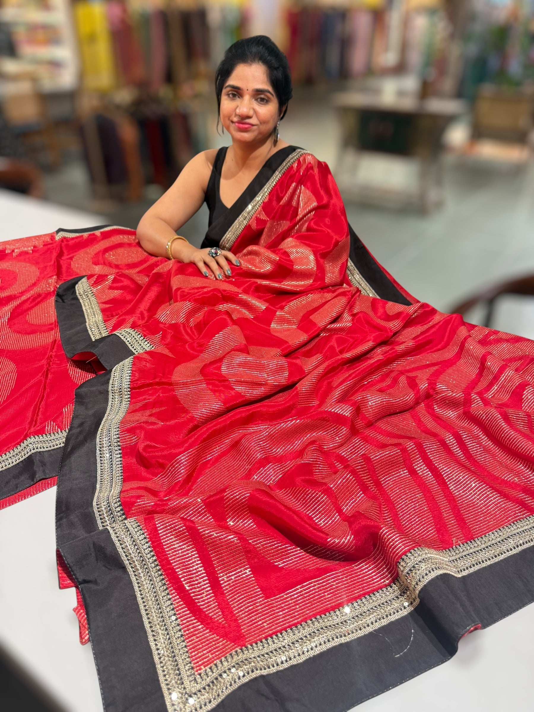 Red Crepe Silk Polka dot Saree with sabhyasachi Borders & Blouse