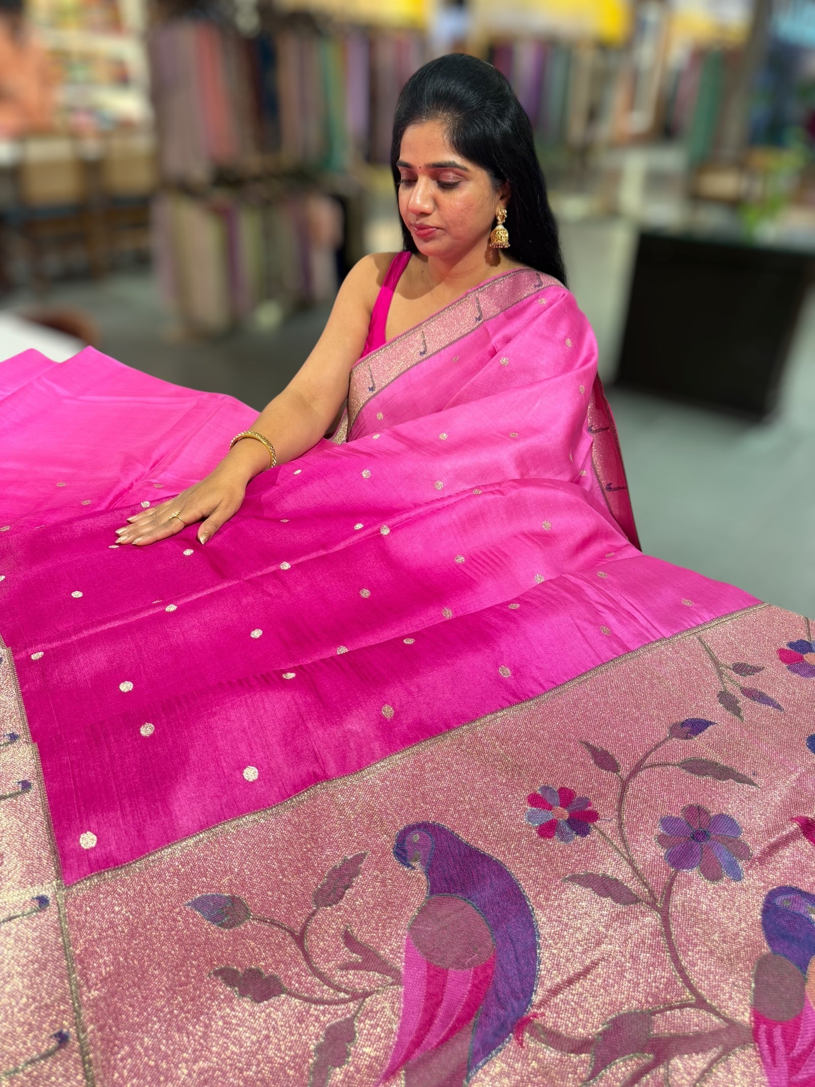 Shaded Pink Tussar with Paithani inspired embroidery
