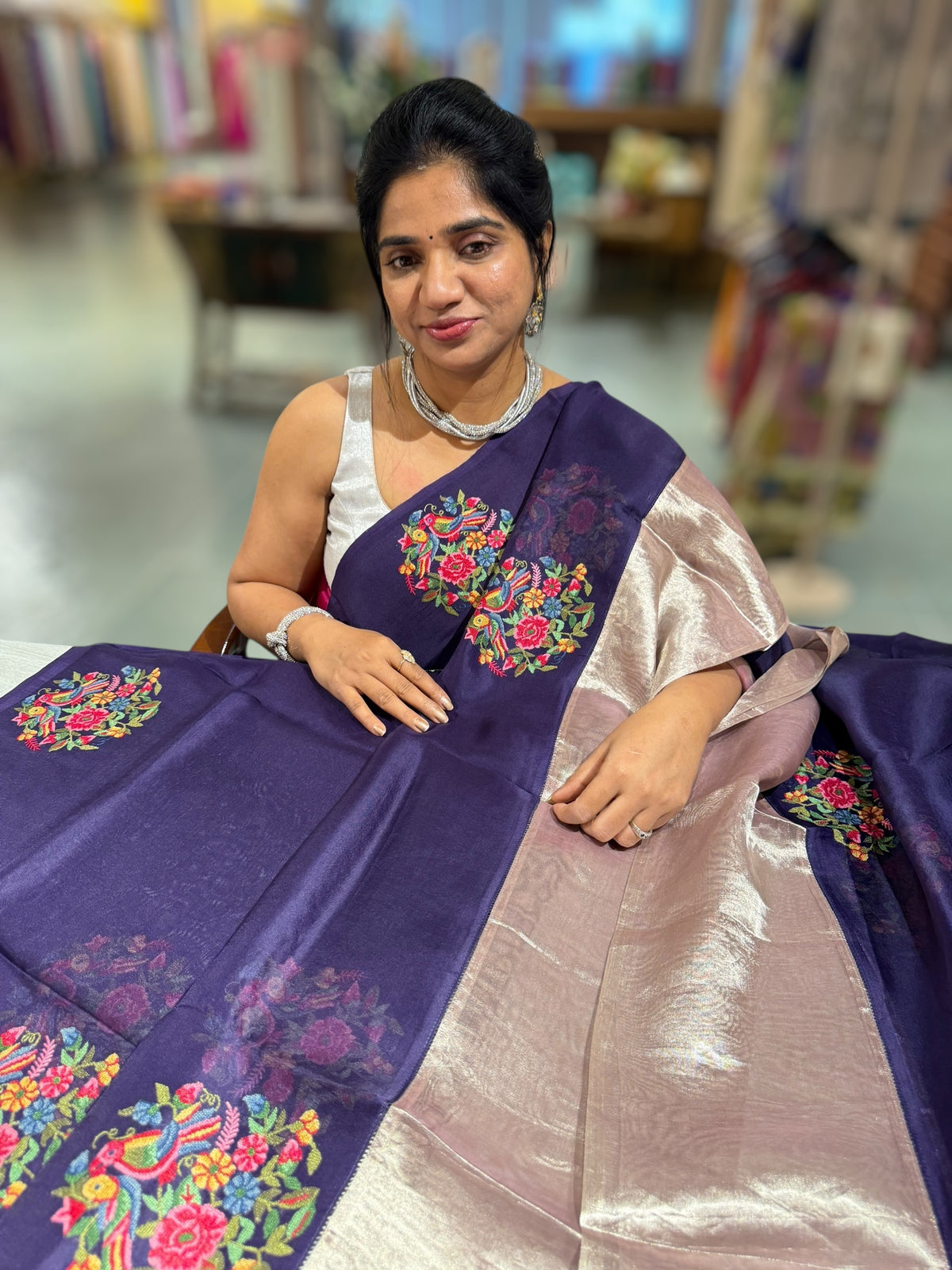 Violet Organza Saree with pure Tissue Border