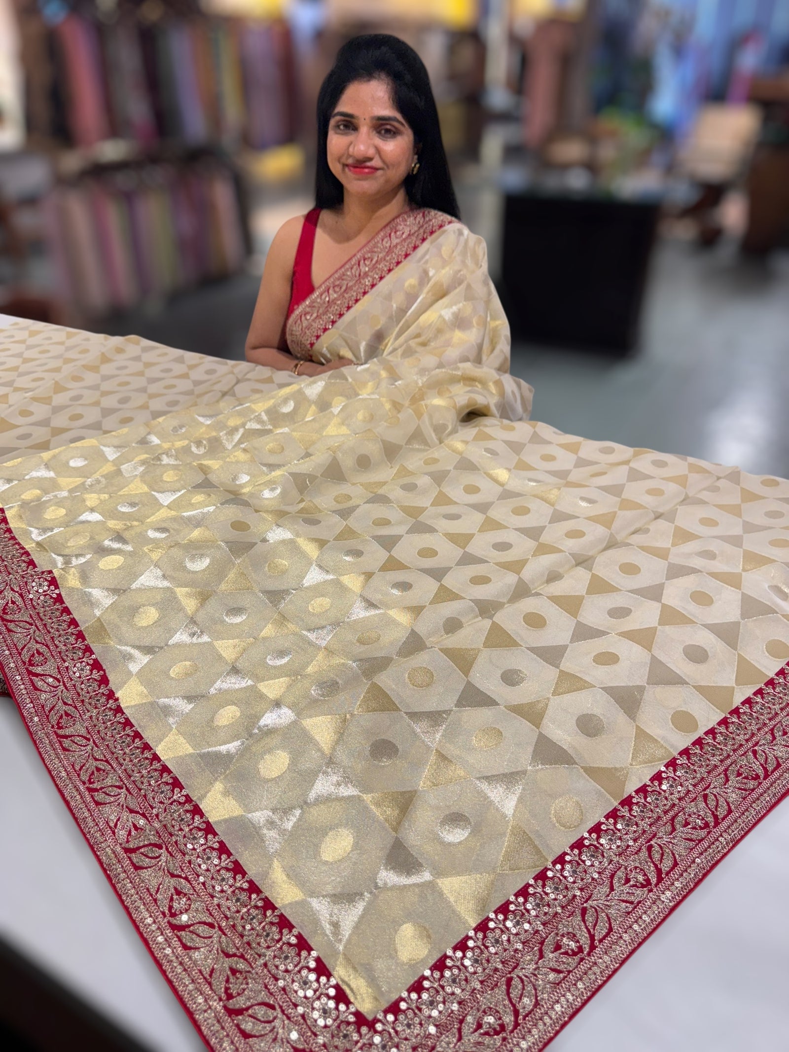 Beige Tissue Saree with Sabhyasachi borders