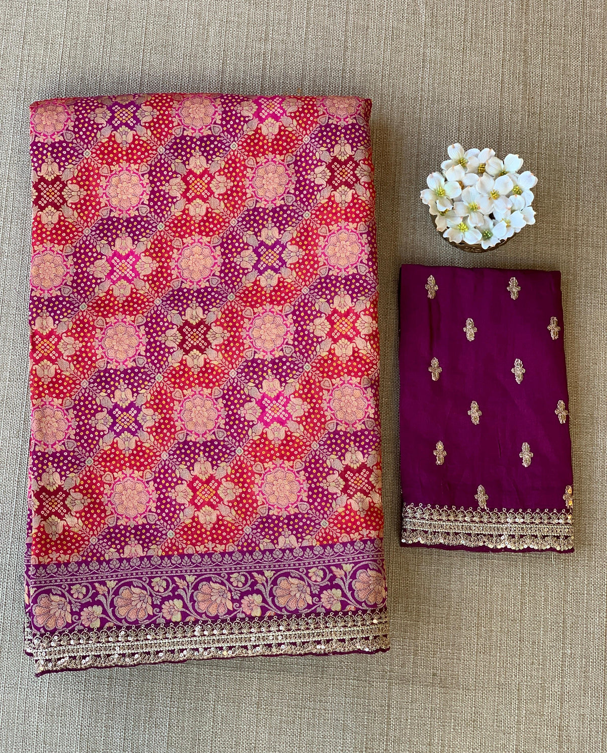 orangish Red & Wine Banarasi bandhini georgette