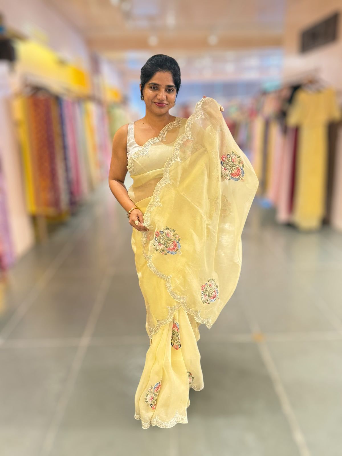 Pastel yellow pure Organza handwork saree