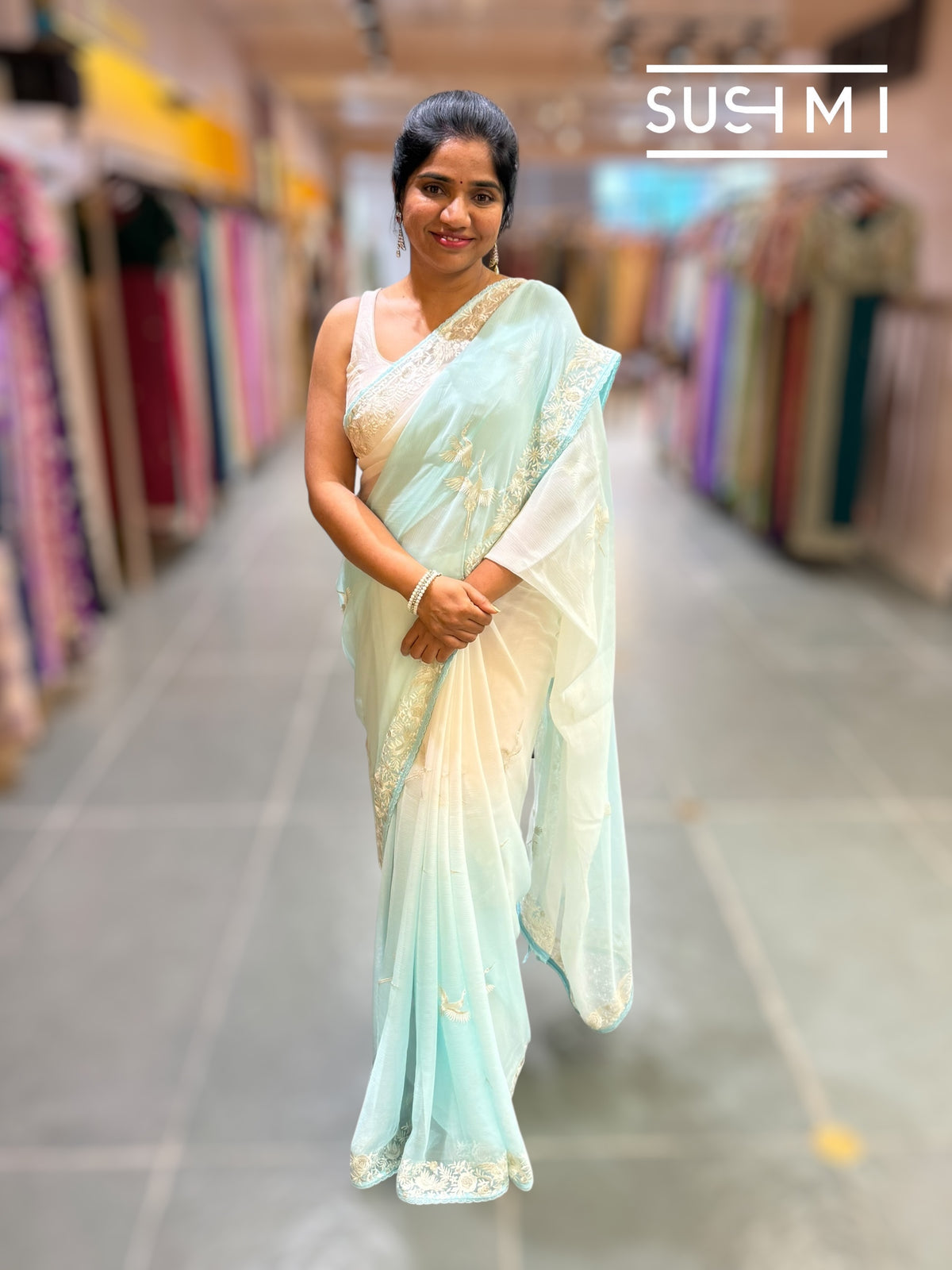 Pastel Blue ombre dyed pure chiffon saree with parsigara embroidery : S62F070