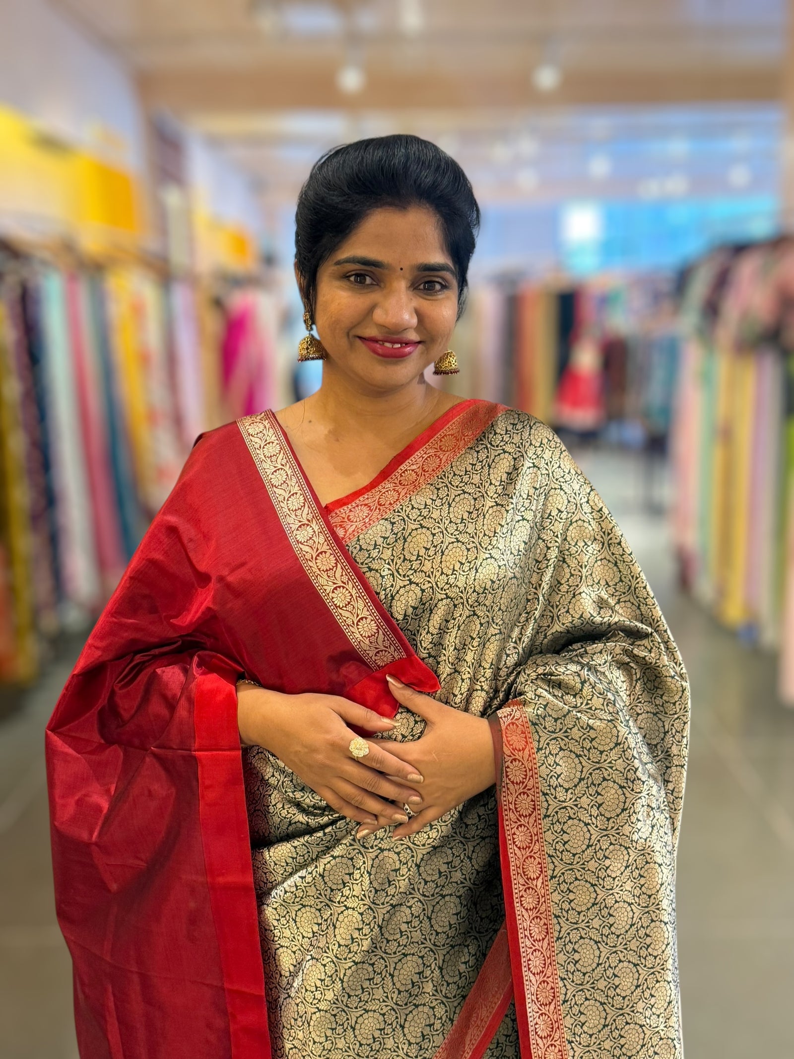 Bottle Green Banarasi katan Tonchoi weaving Saree with red Mashru borders