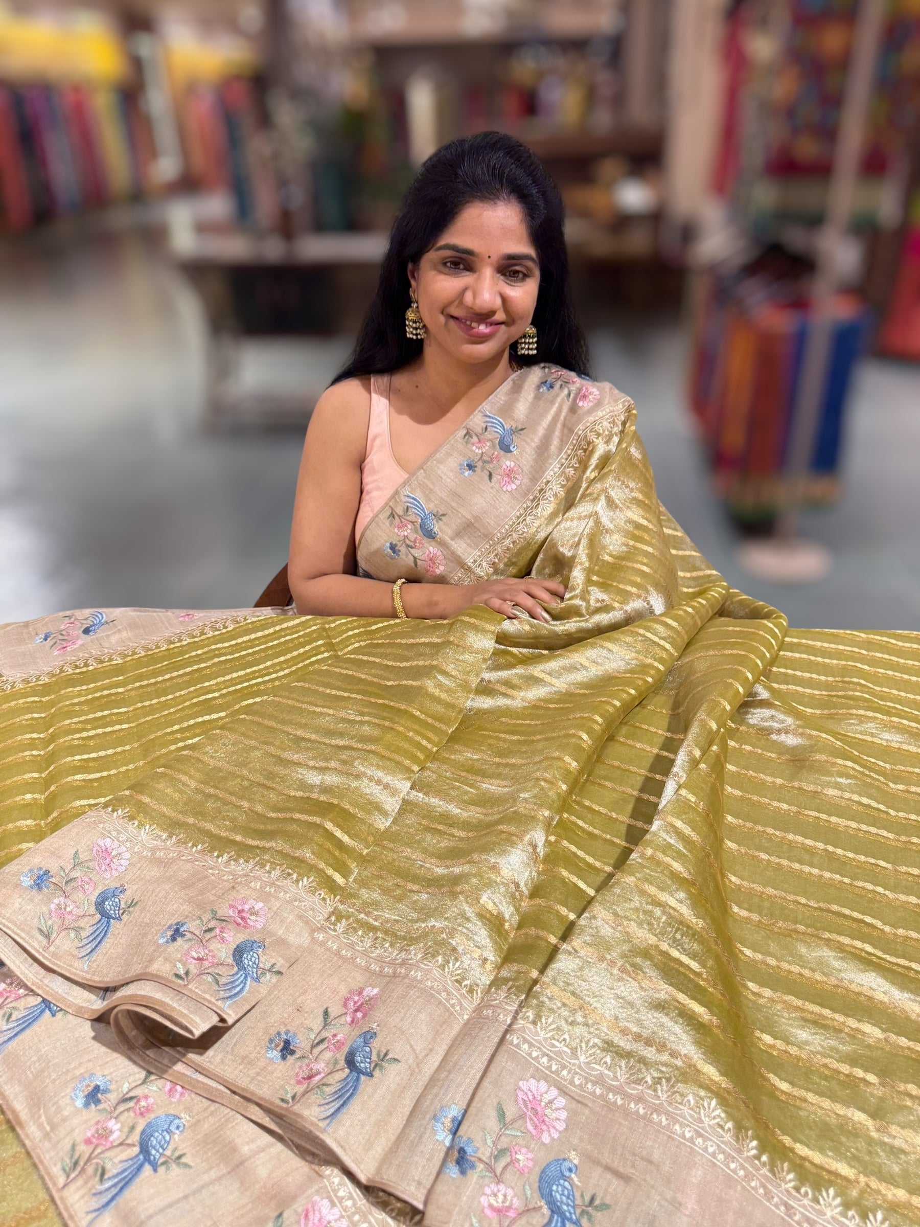 Lime Green Pure Handloom Tissue Saree with pure Tussar embroidered border