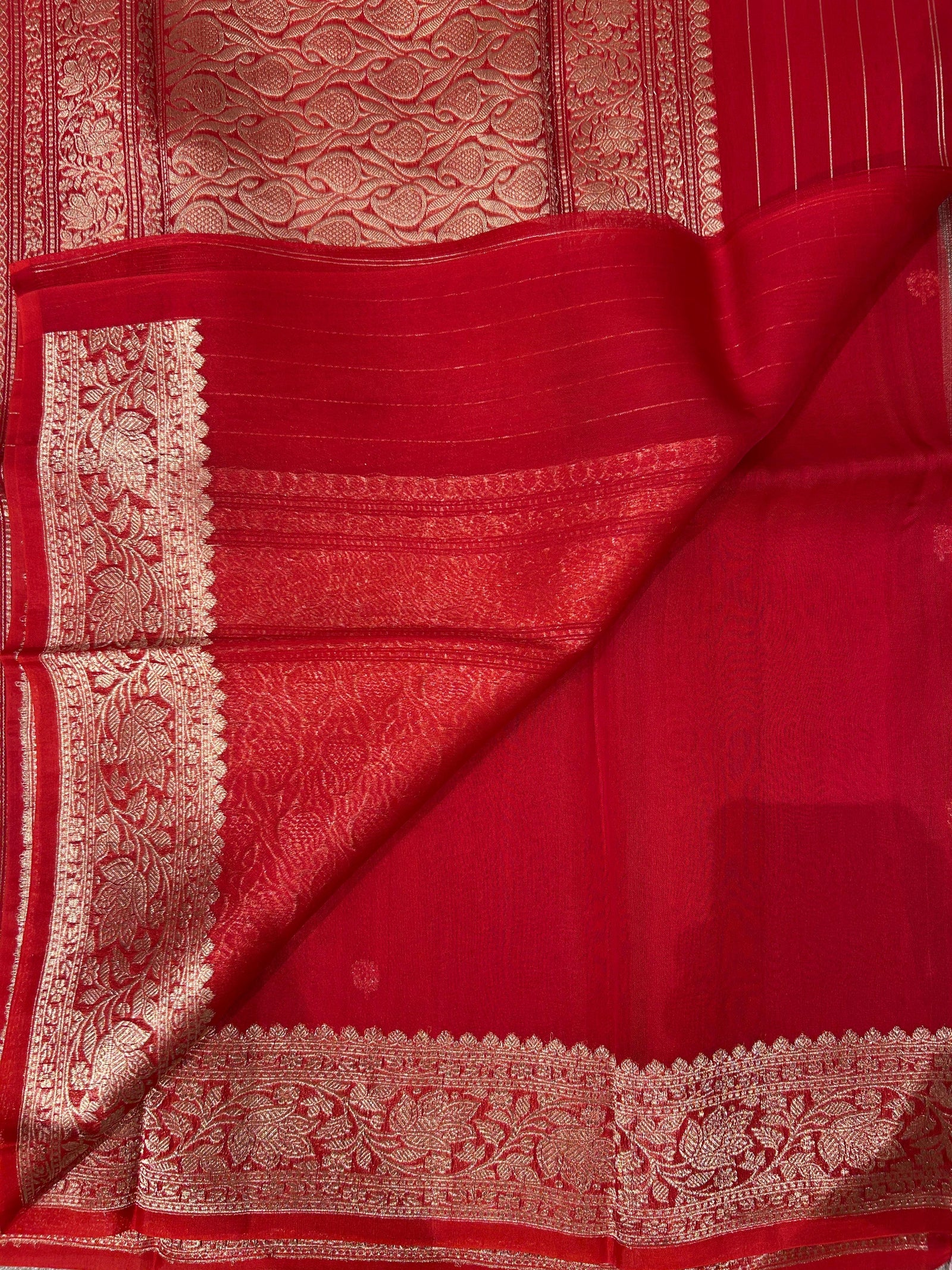 Red monotone look Pure Handloom premium Kora Banarasi Saree with heavy weaving border