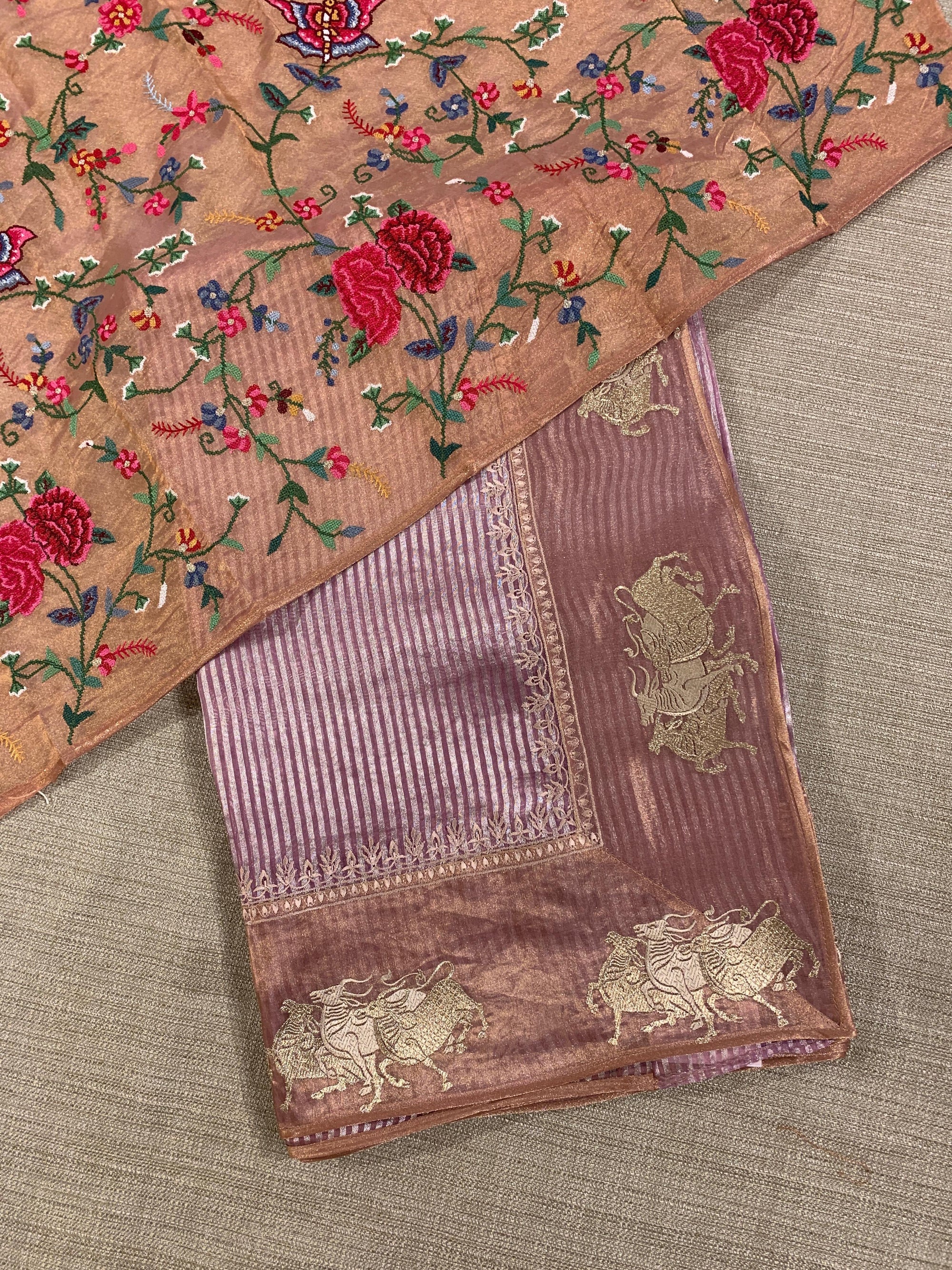 Lilac Kora tissue stripes Saree with Nandi embroidered tissue border