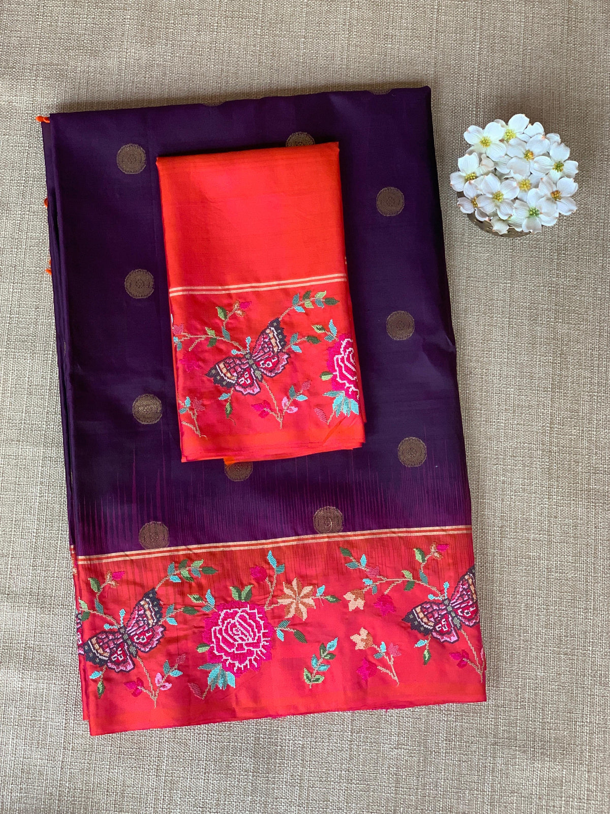 Wine Kanchi Soft Silk Saree with petite point embroidered border