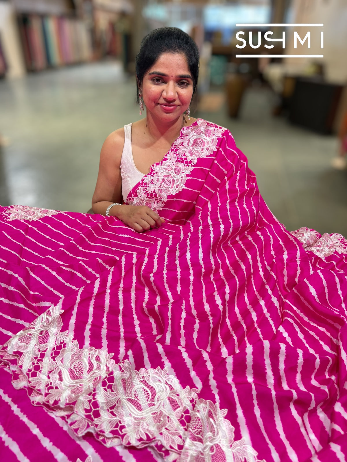 Fuschia Pink habutai Satin Silk lehariya Saree S62F065