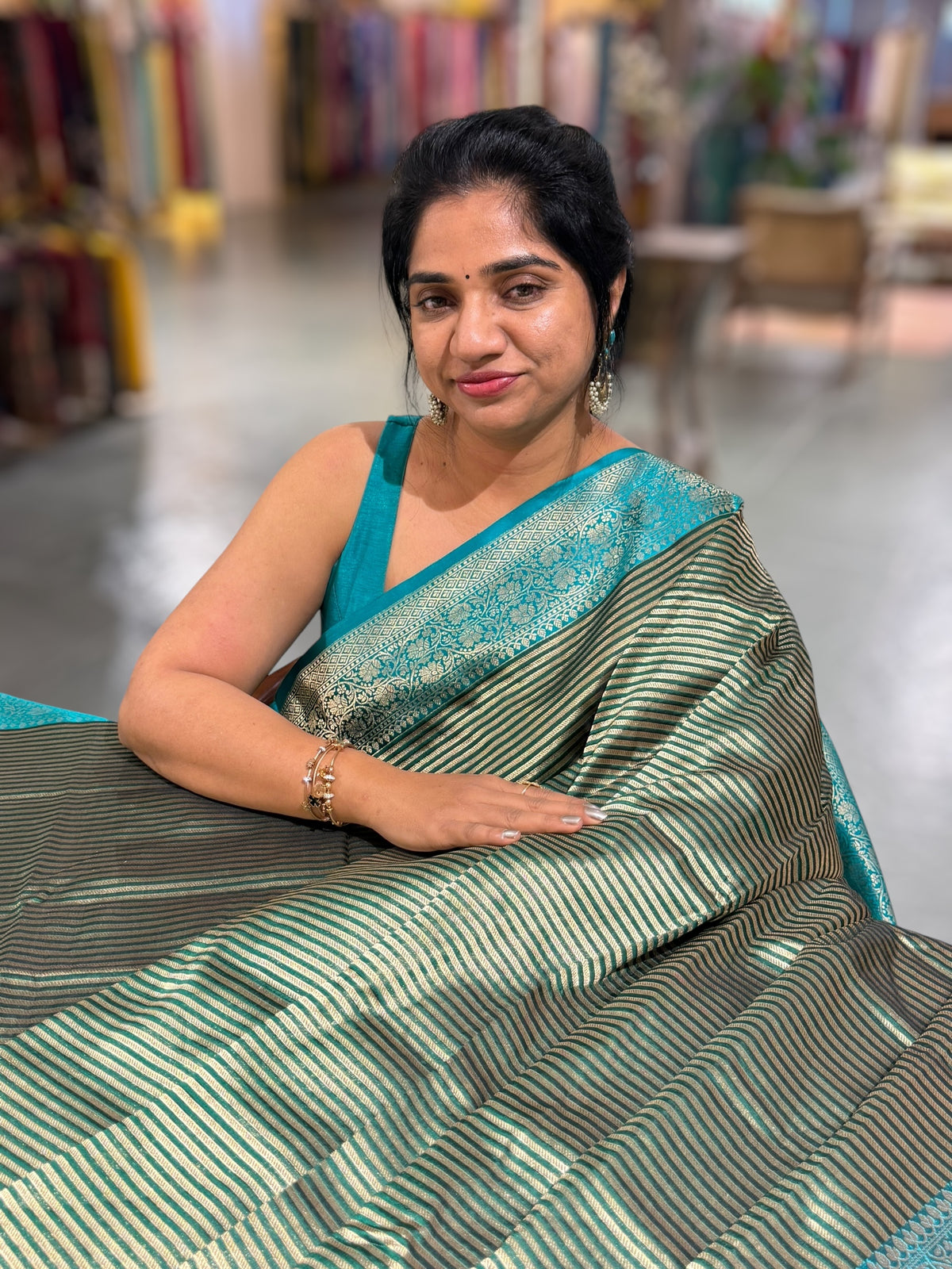Emerald Green Banarasi Silk Stripes Saree