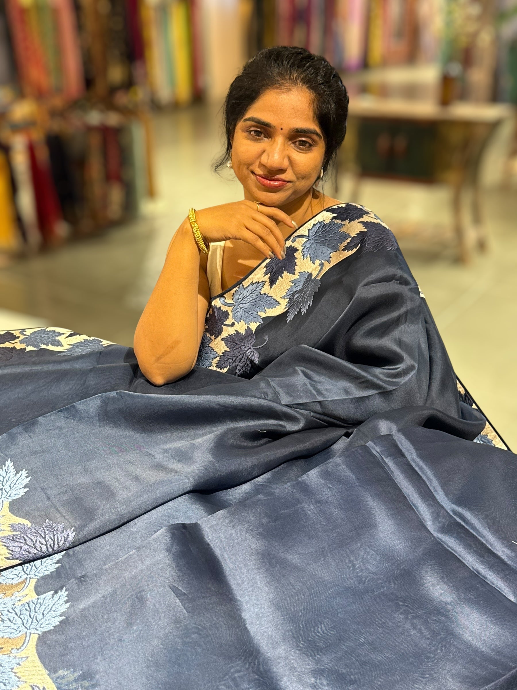 Midnight Blue Organza Saree with Stunning Leaf Embroidered Border