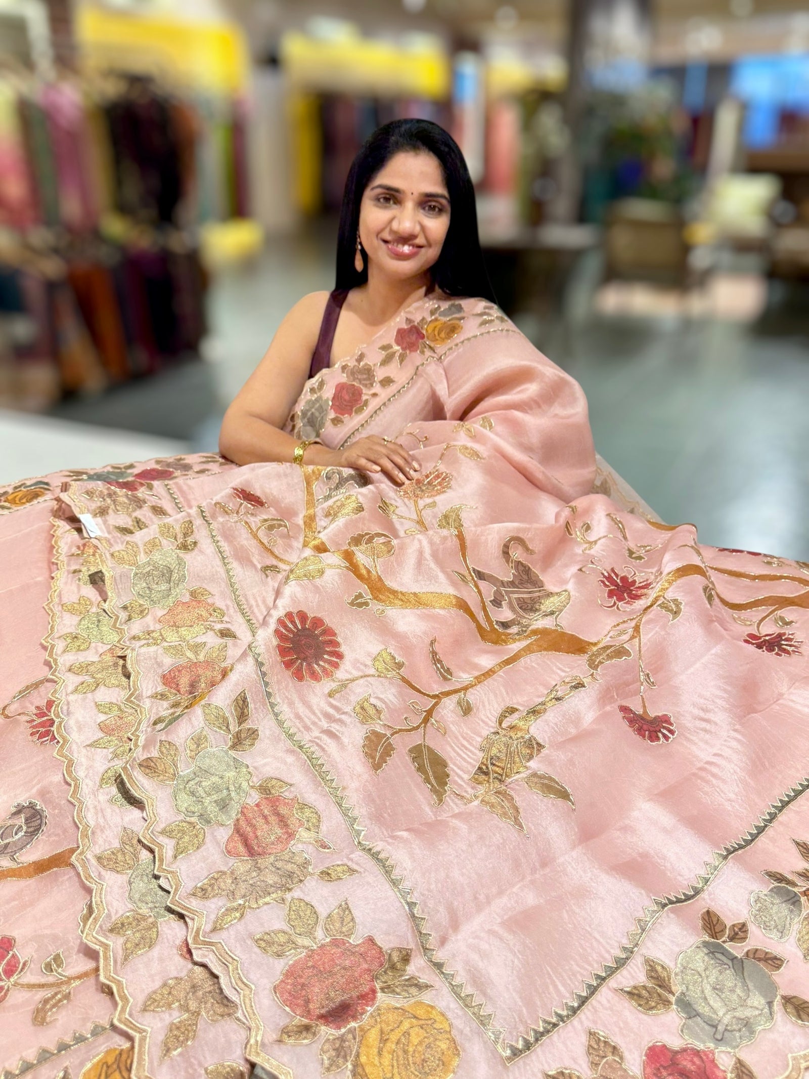 Blush Pink Pure Organza Applique Work Saree