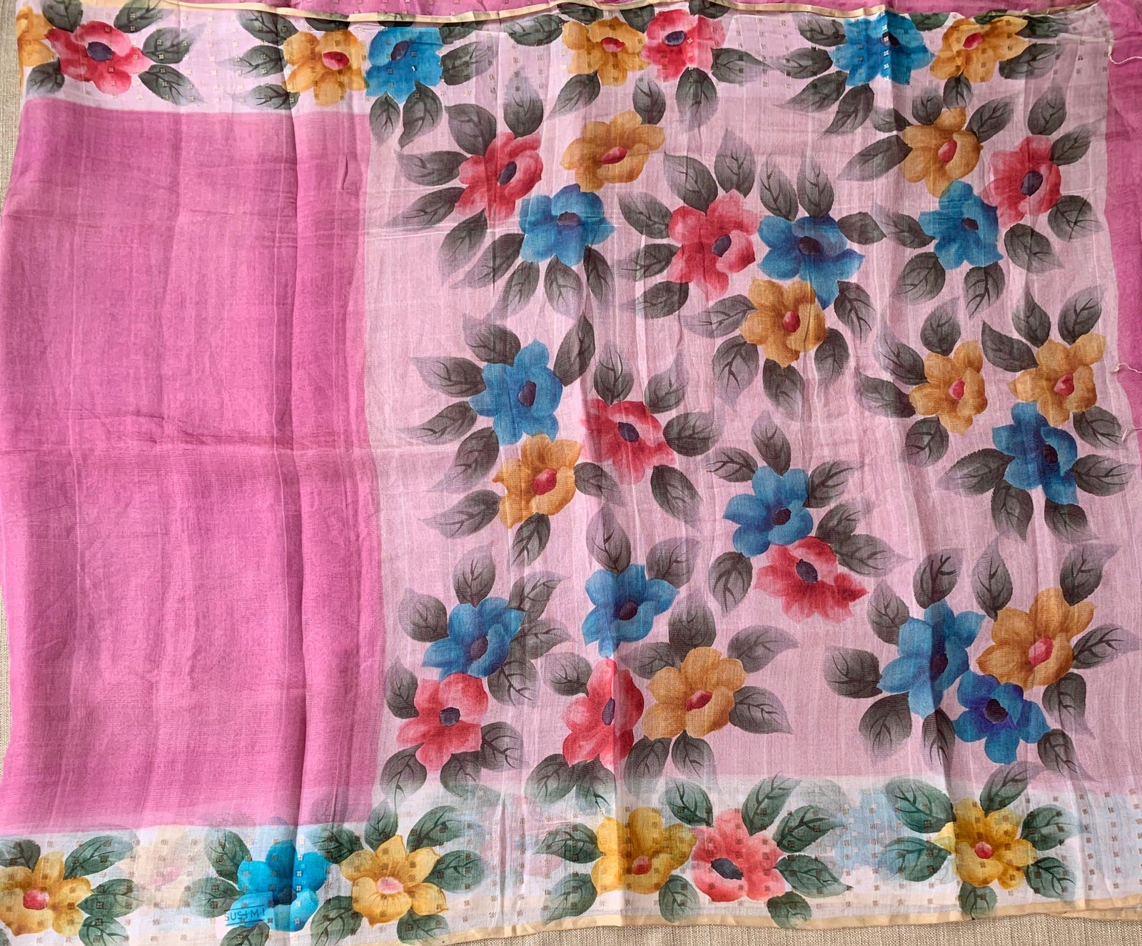 Rose Pink Tussar Kota Tissue Saree with Handpainted Muslin Border and Pallu