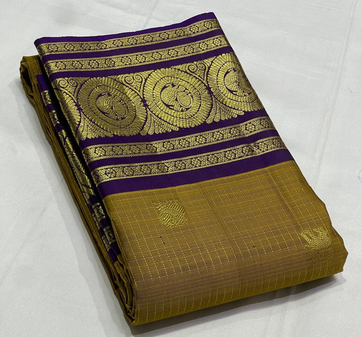 Mustard olive & Brinjal Combo Kanchipuram Vintage checks Saree