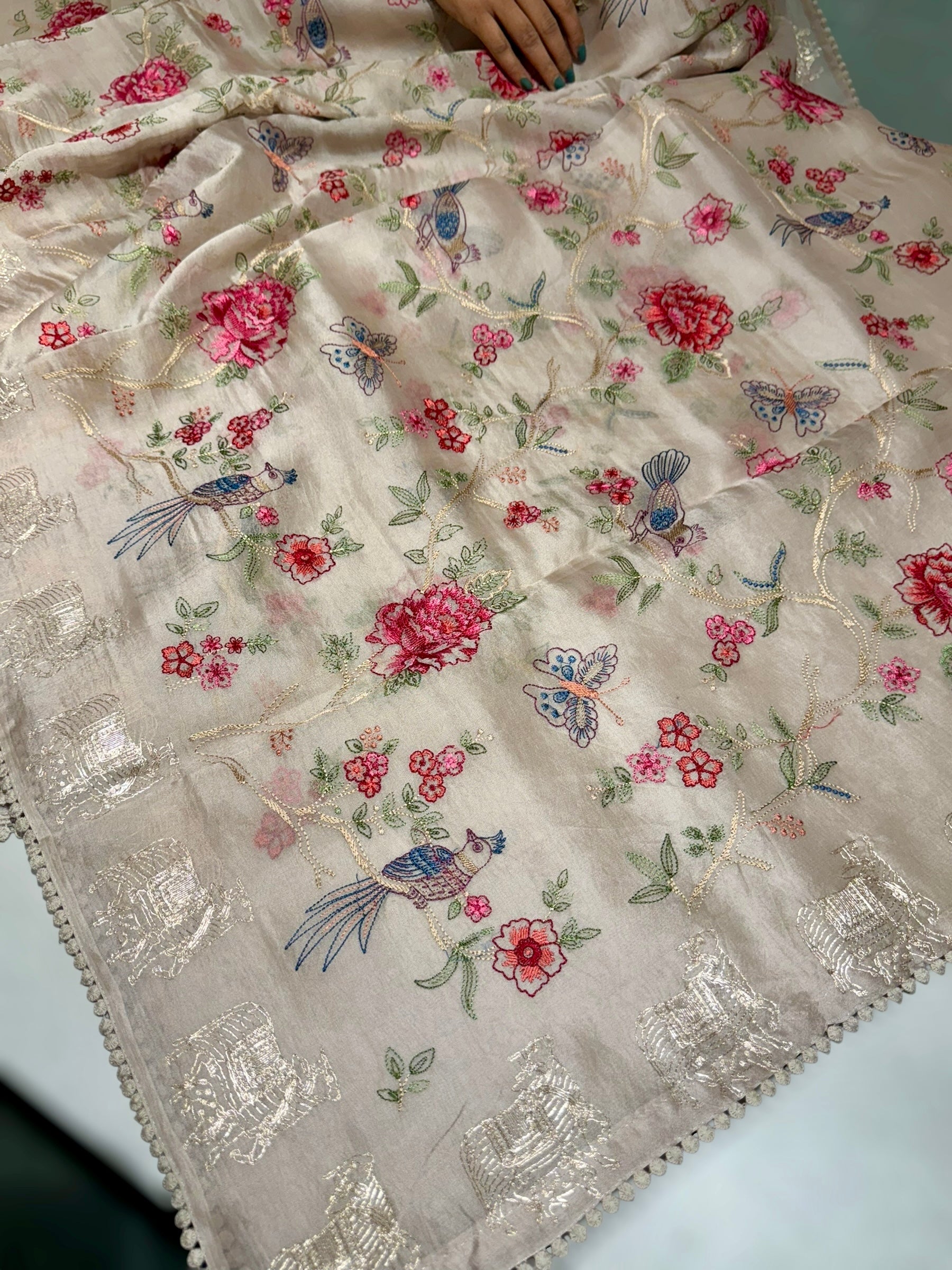 Taupe Organza Saree with Allover floral Embroidery