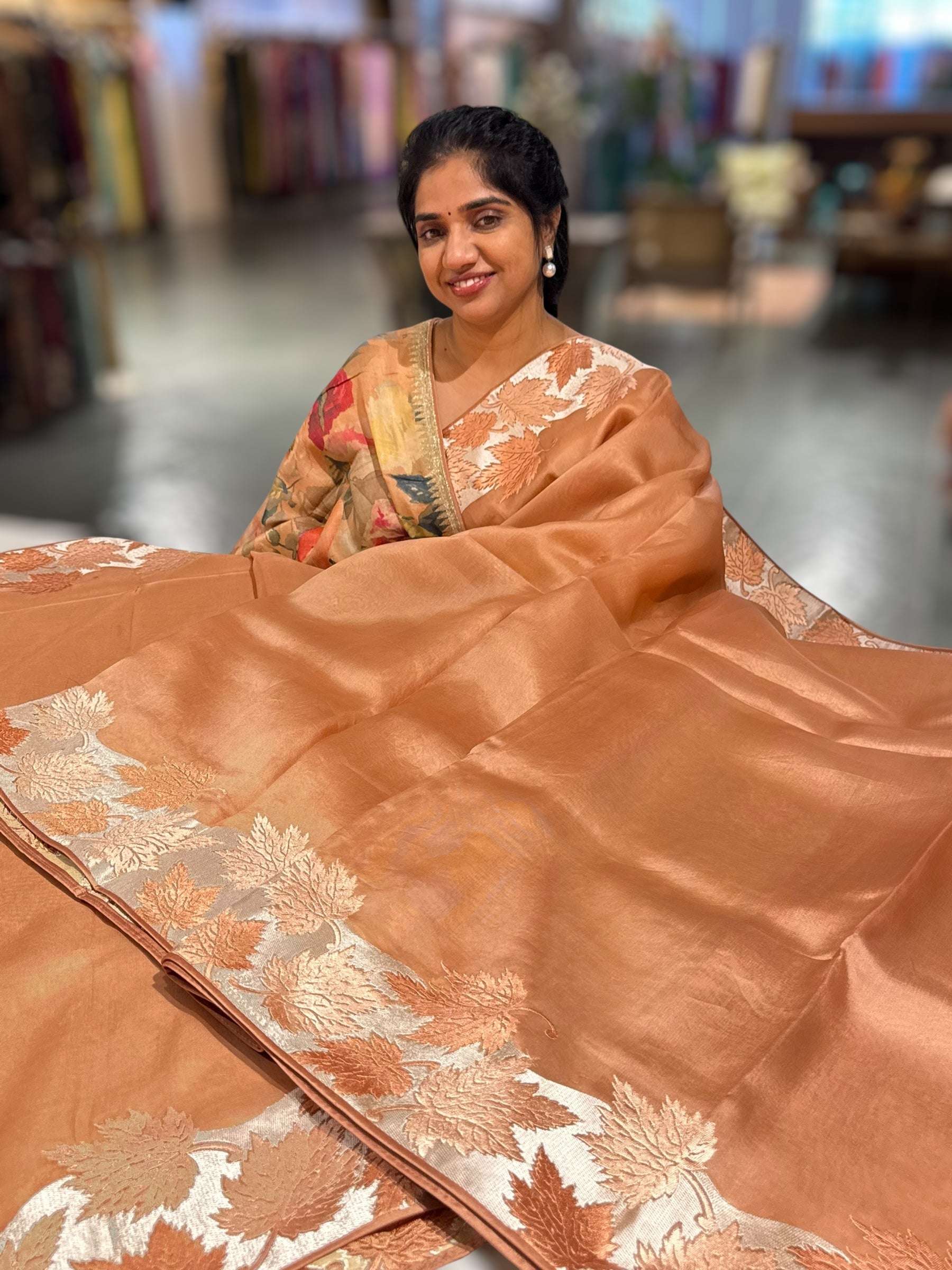 Peach Organza Saree with Stunning Leaf Embroidered Border