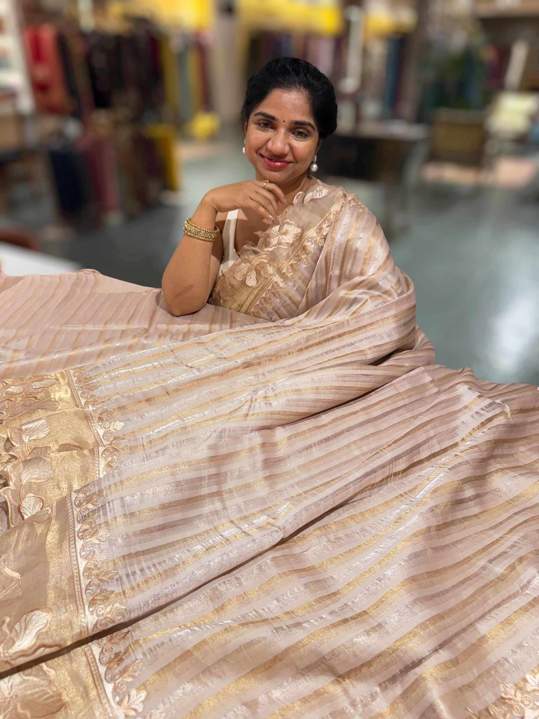 Golden Beige Mul Tissue Stripes Saree With Tissue Cutwork  Border & Blouse