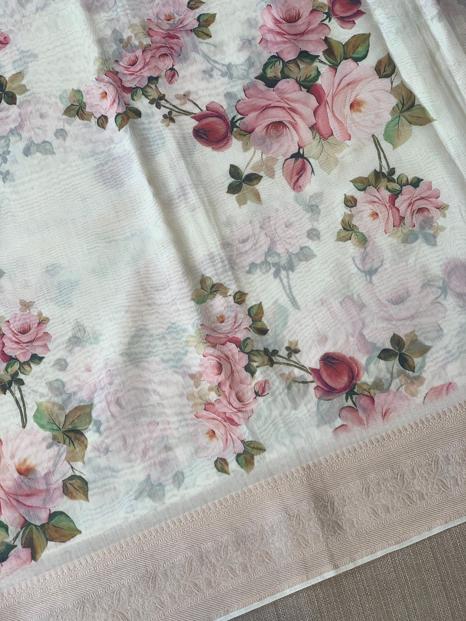 Ivory Pure Handloom Chiniya Silk Saree with stunning Floral Print and zari borders