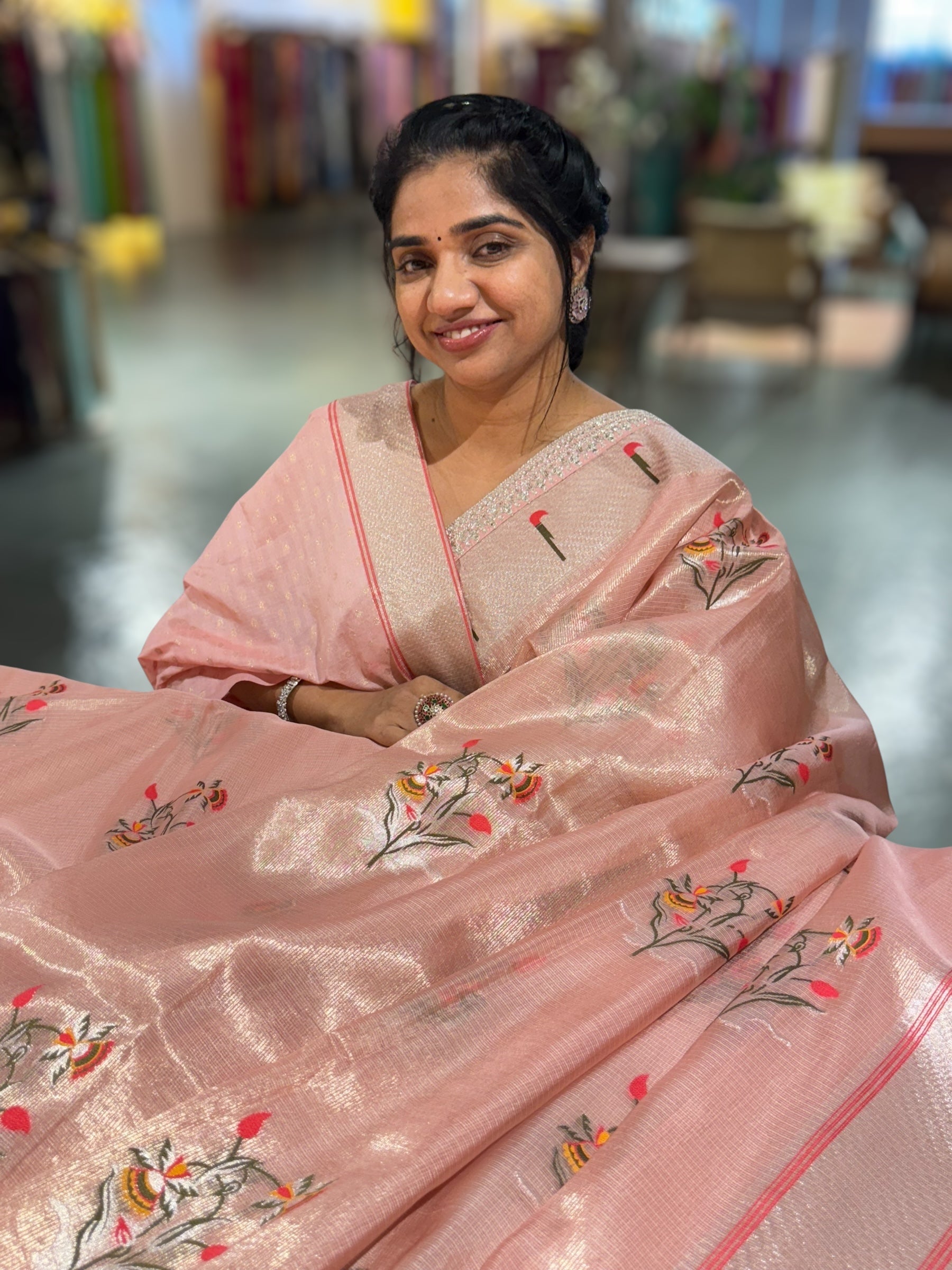 Peach Tissue Kota Saree With sabhyasachi Borders and Blouses