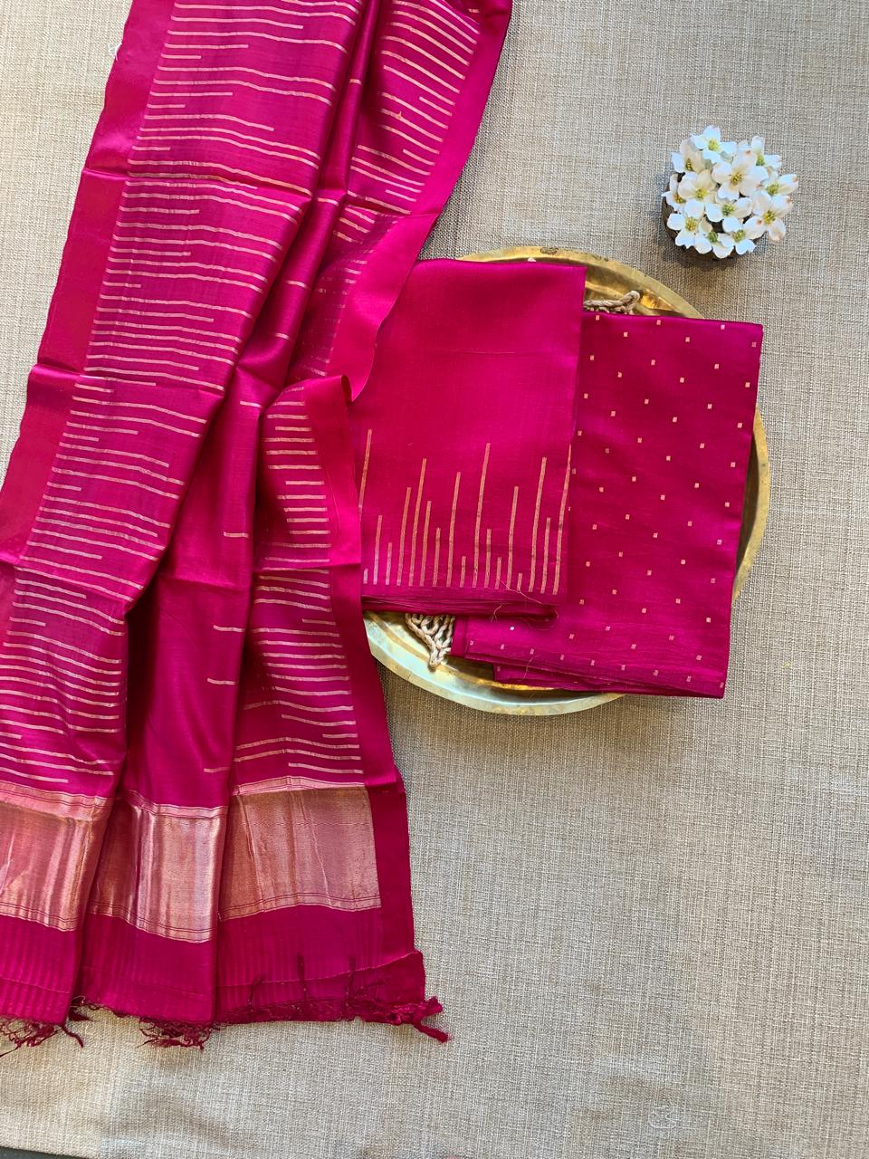 Dark Pink Banarasi Handloom Chiniya Silk 3-pc Suit Set