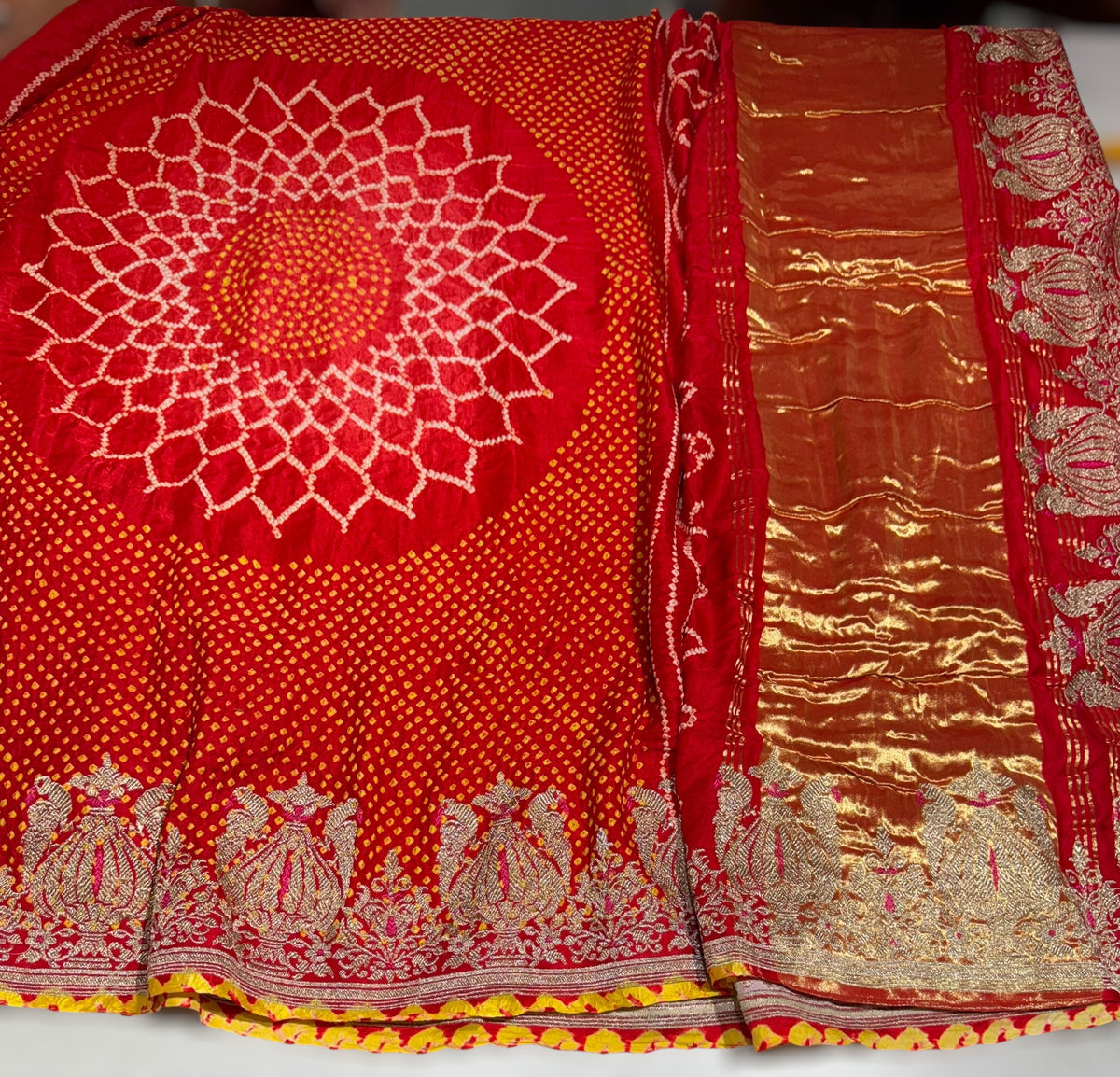 Orangish Red Designer Rai Bandhej Saree With Embroidered Border