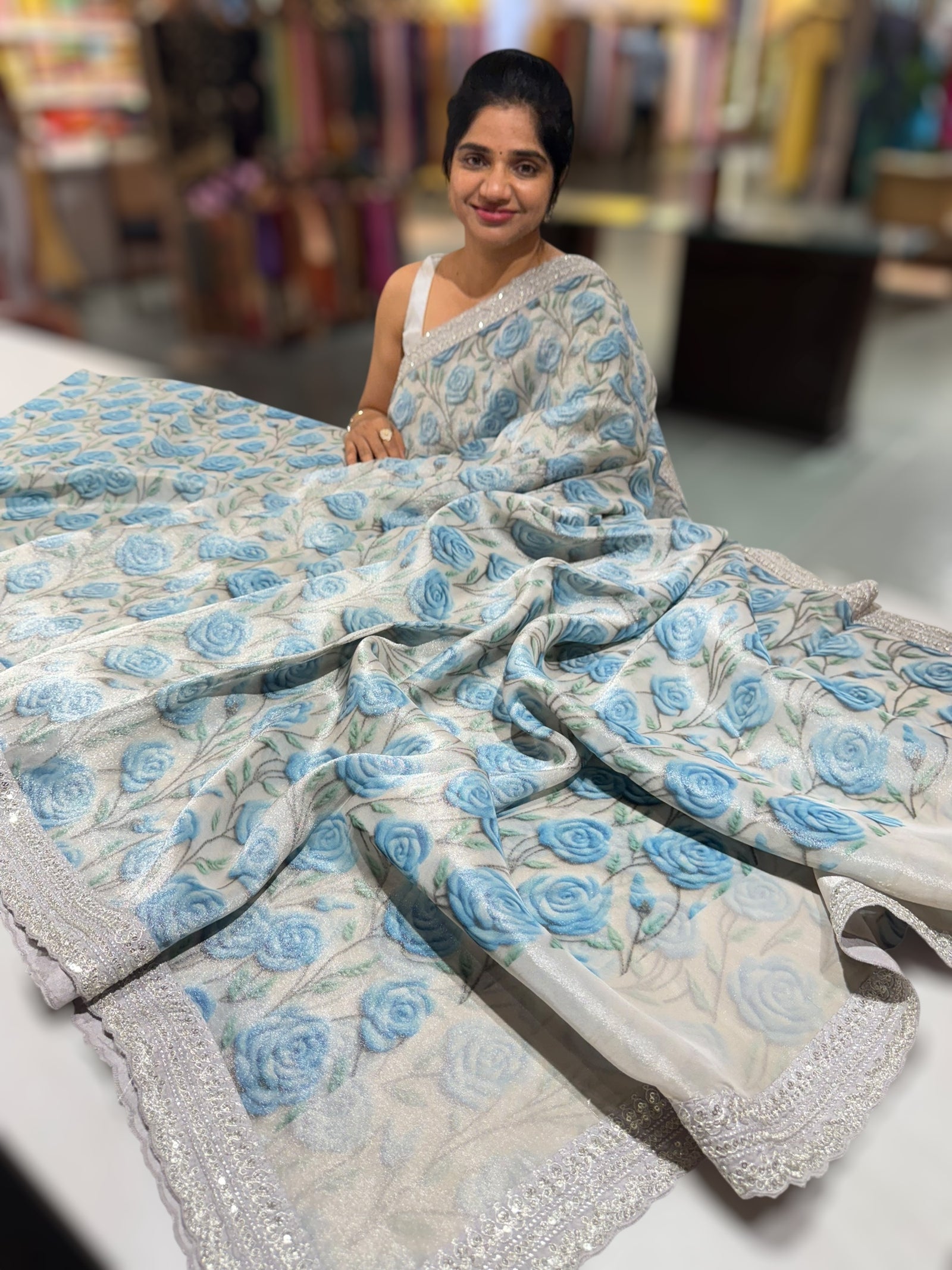 Silver base Tissue Georgette Saree