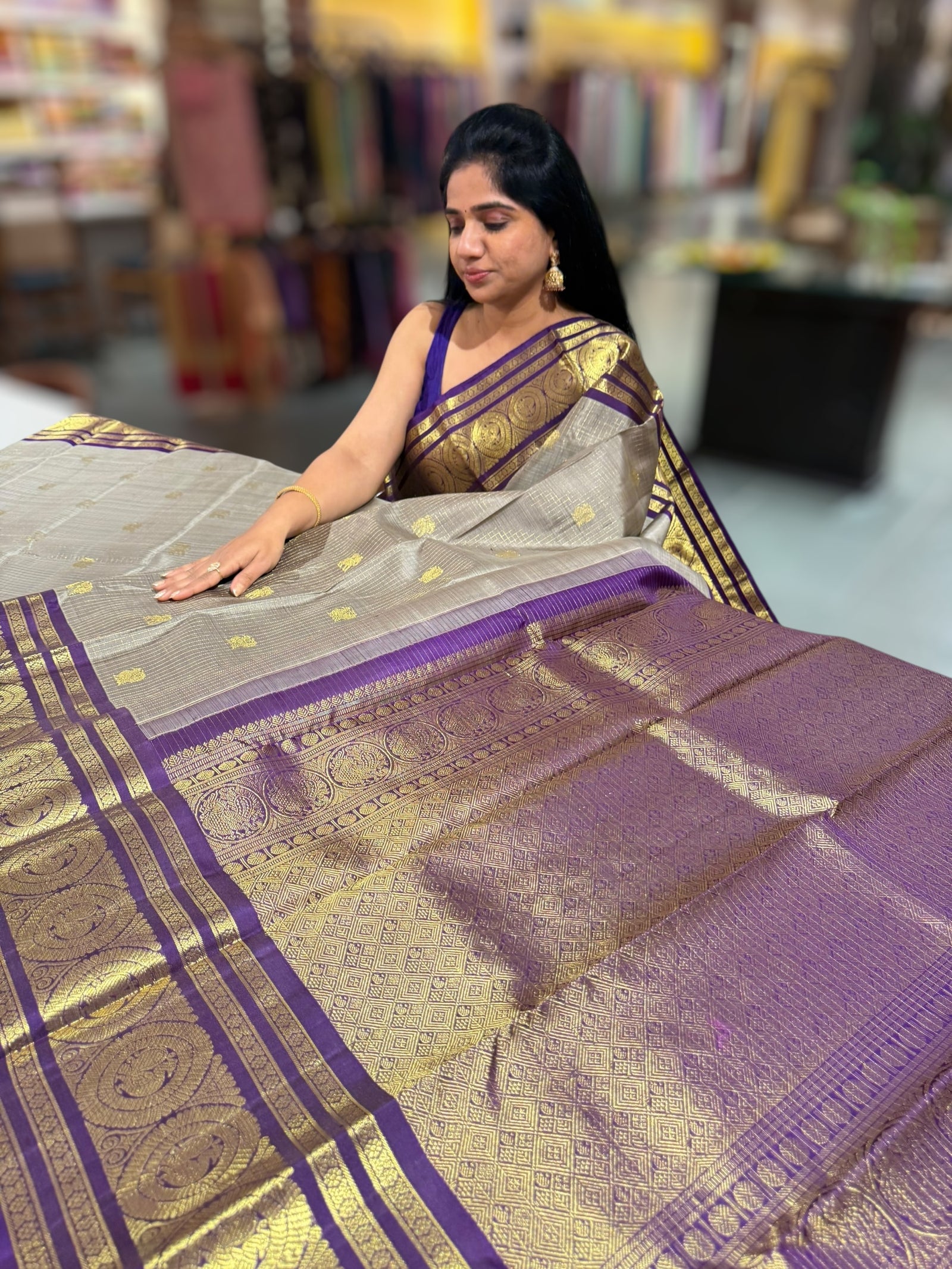 English Grey Vintage kanchi checks  saree