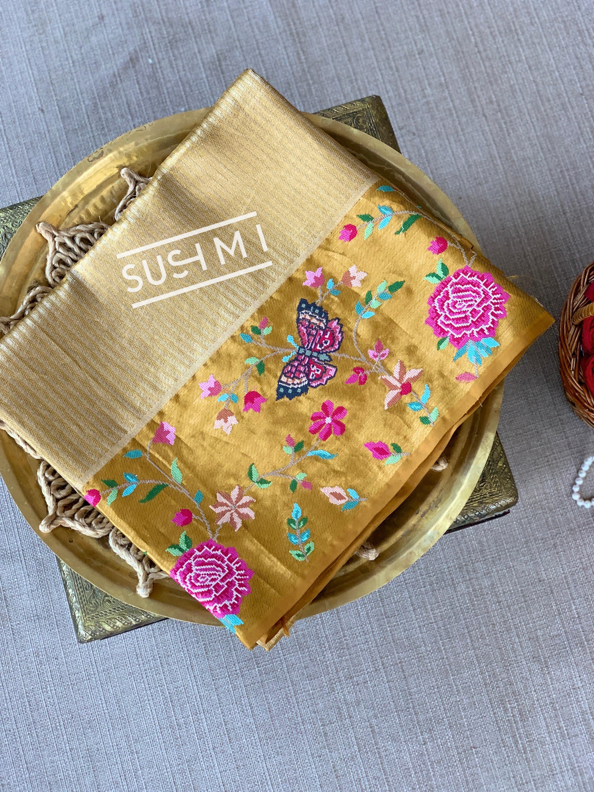 Gold Kanjeevaram Tissue Sareewith petite point embroidery : S62F085