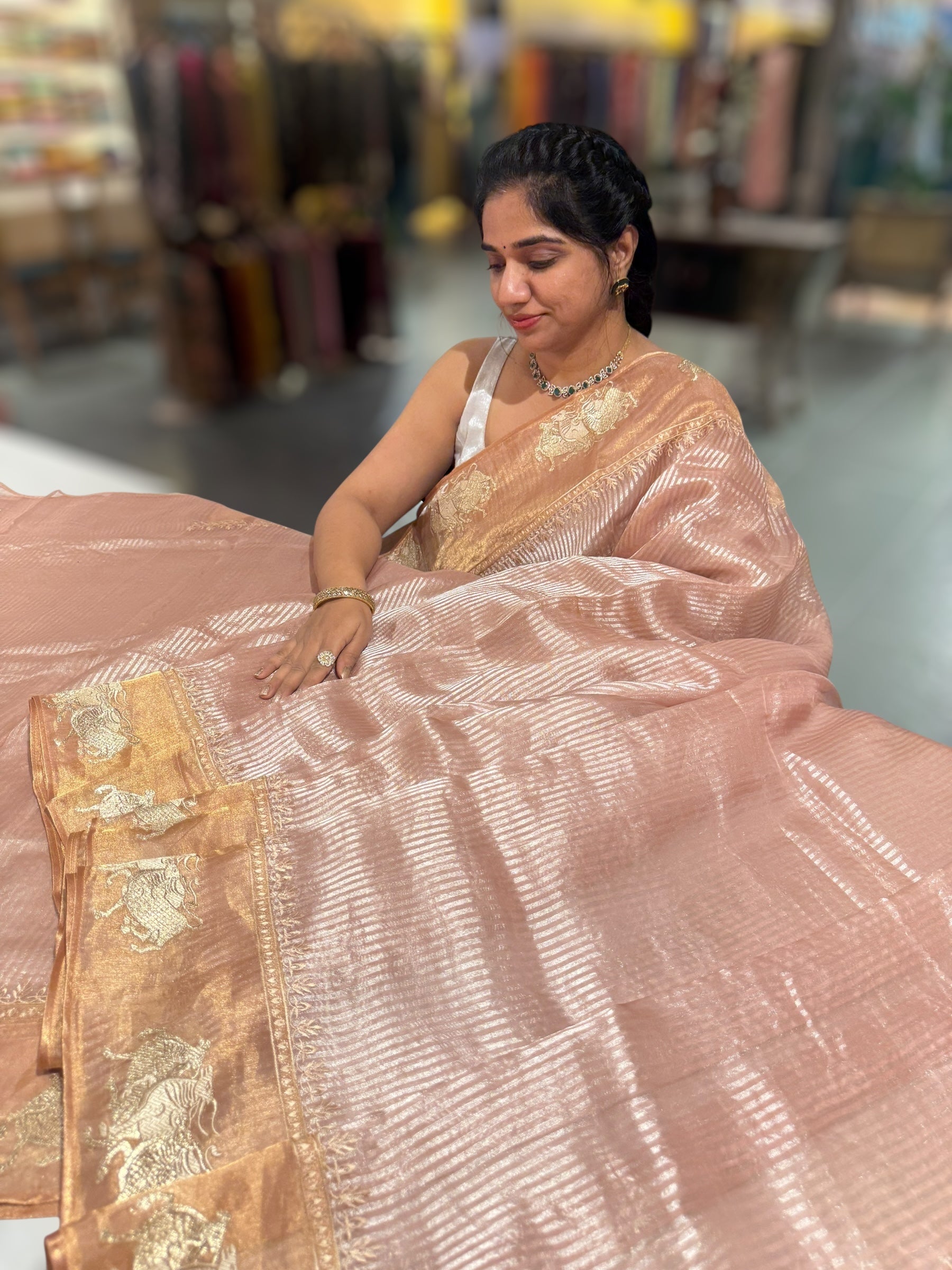 Peach Pink Kora tissue stripes Saree with Nandi embroidered tissue border