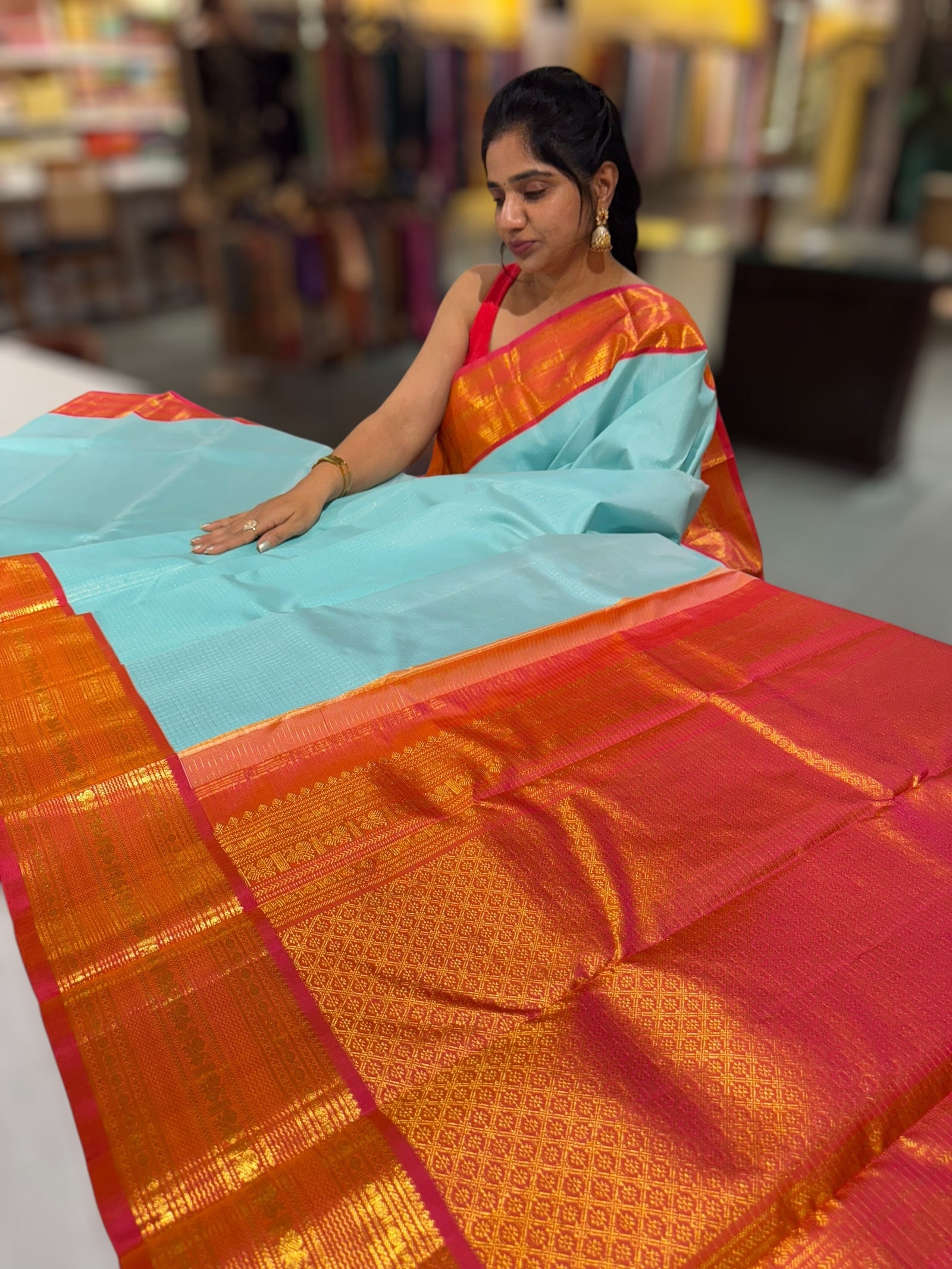 Sea Blue & Orangish pink combo  Vintage checks Kanjeevaram Saree