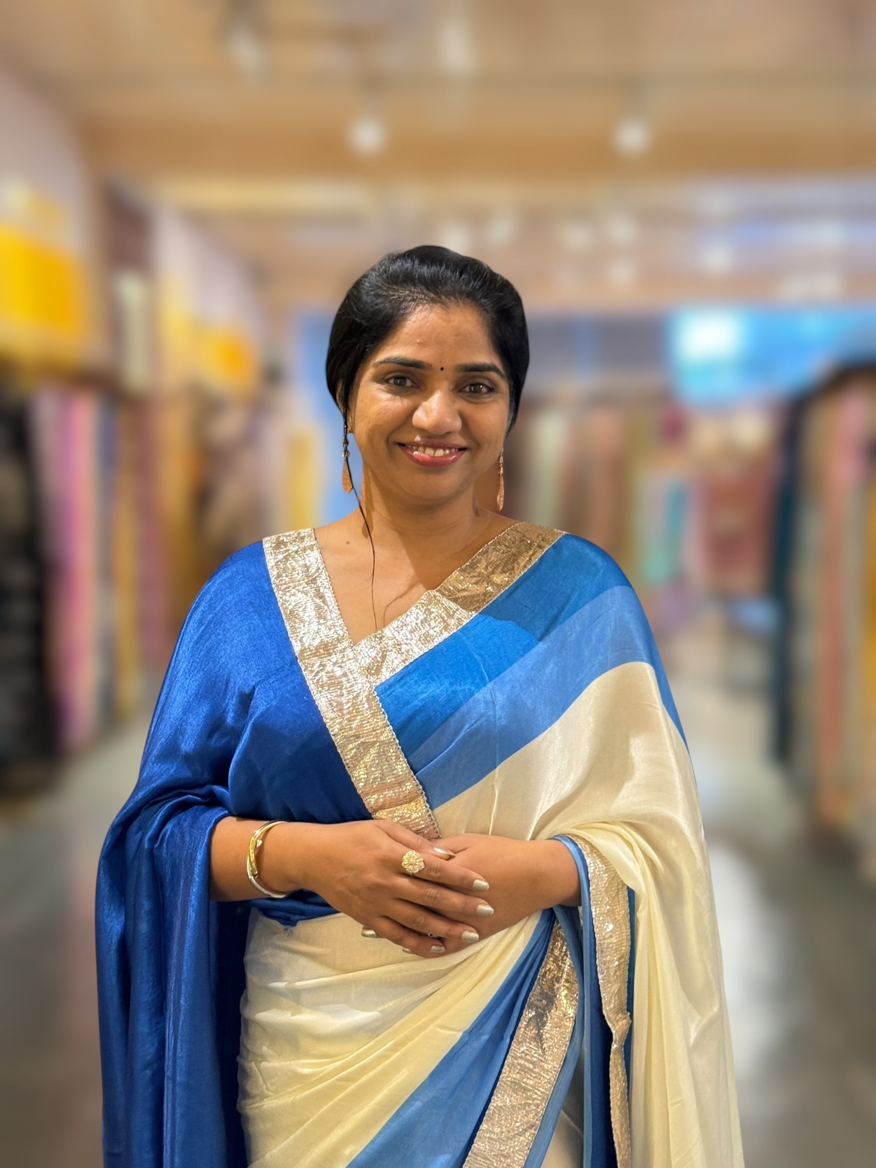 Ivory & Royal Blue Combo Chinnon Crepe Saree with Gotapatti Borders