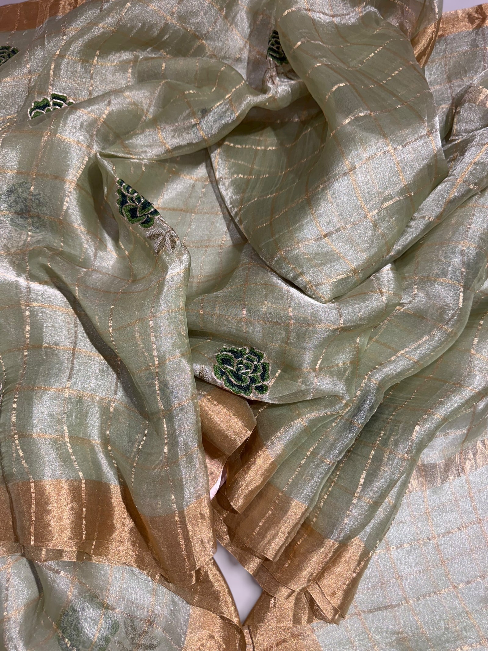 Pastel green checks tissue with allover rose embroidery