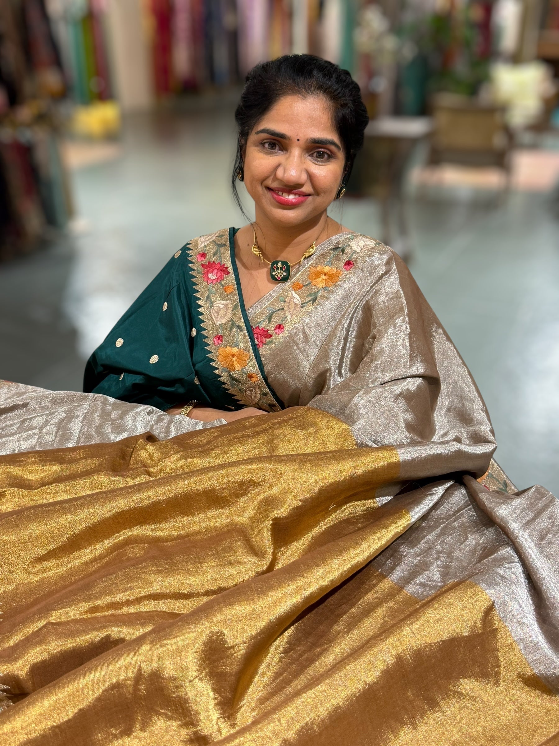 Handloom Tissue Saree with Paithani inspired embroidered border.