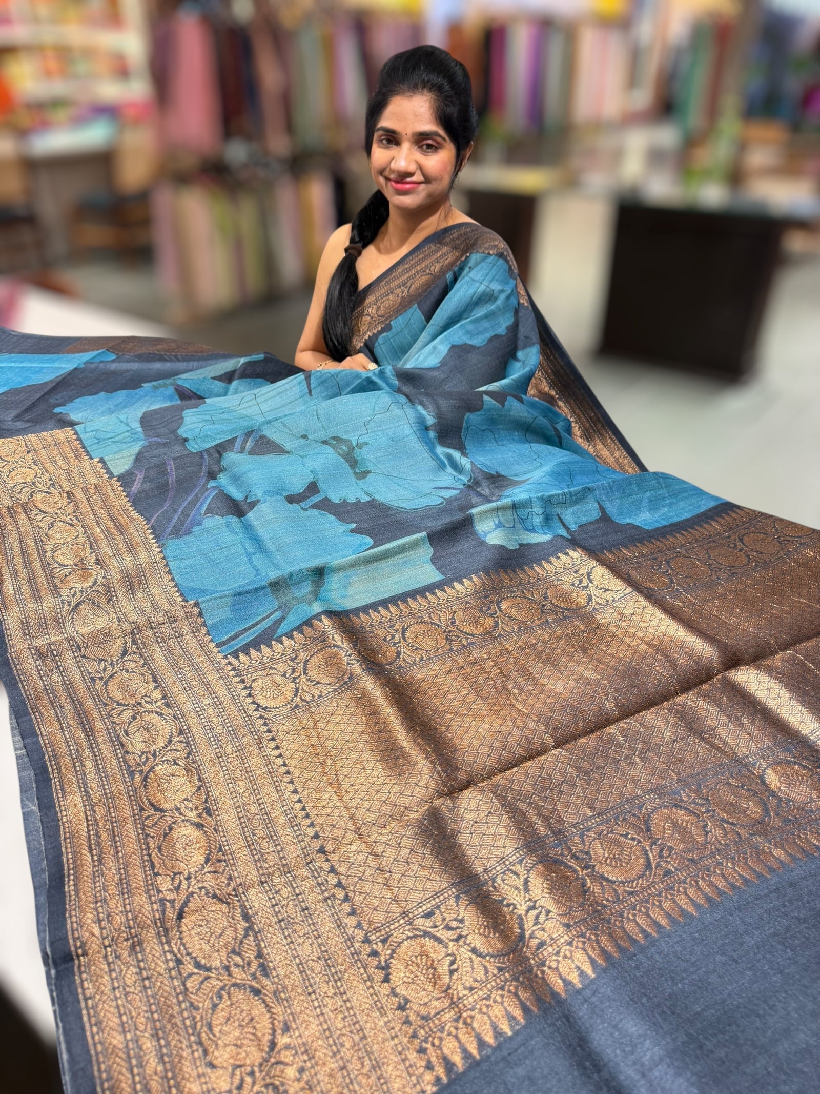 Elephant Grey Printed Banarasi Tussar Saree