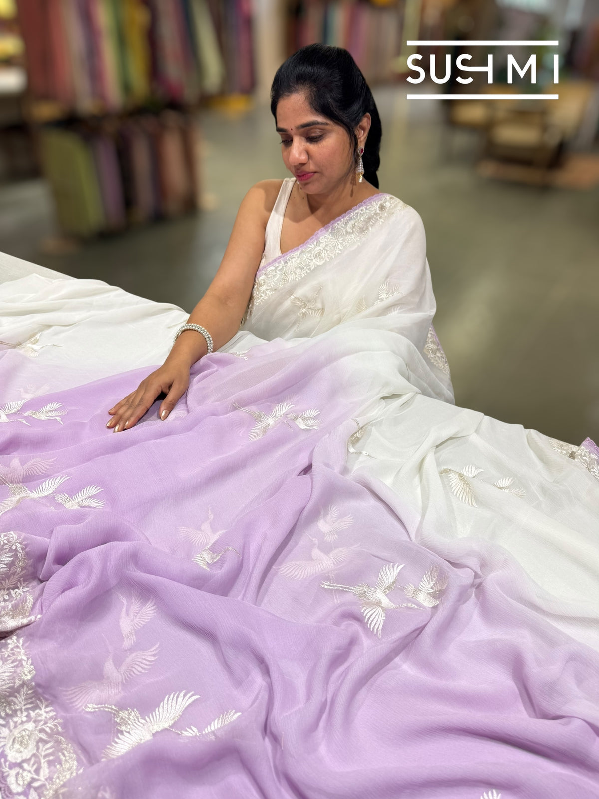 Lilac Ombre dyed chiffon saree with parsigara embroidery : S62F072