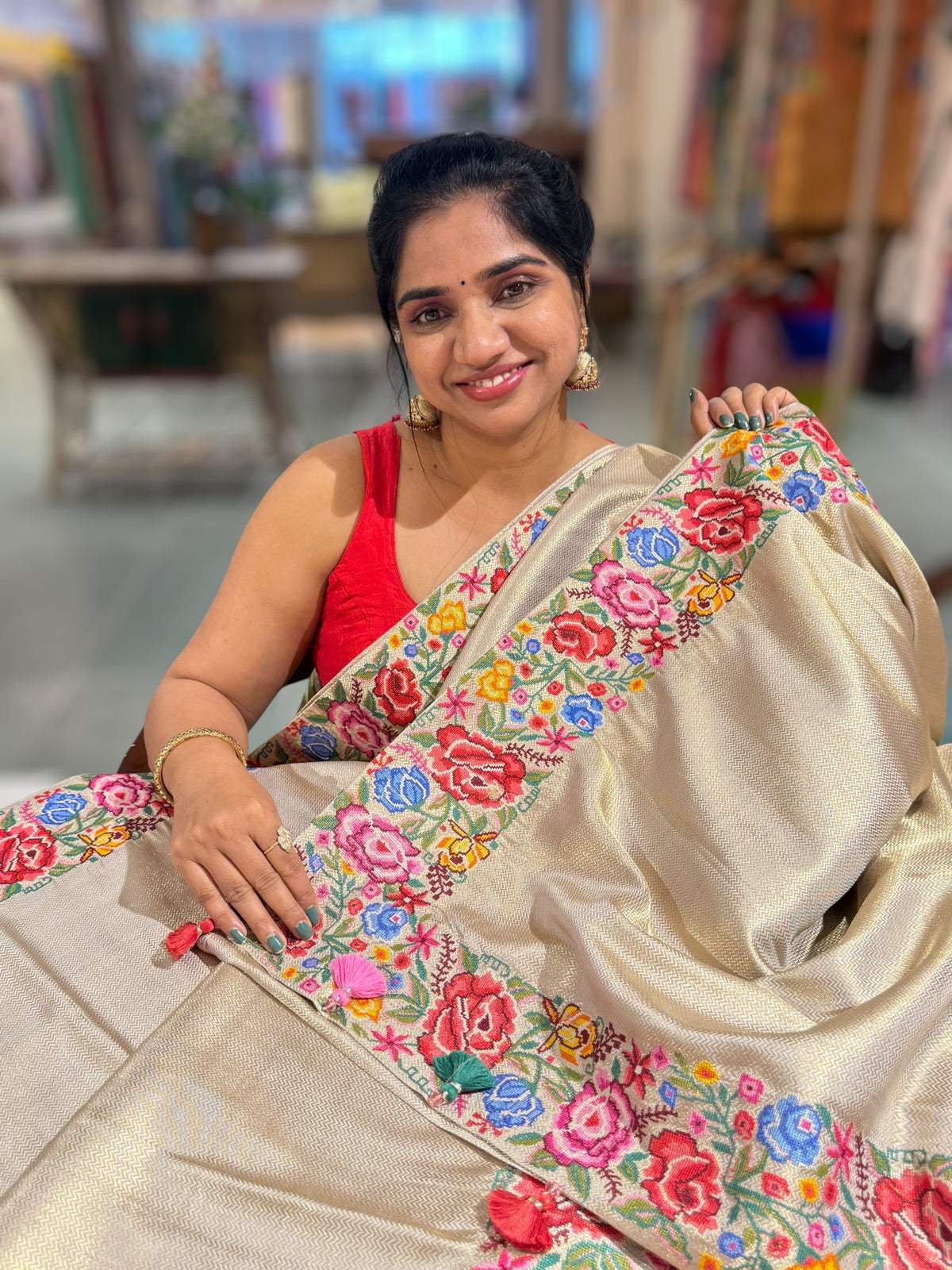 Beigish Taupe Green Kanchi Brocade Tissue Saree with Petite Point Embroidered Border