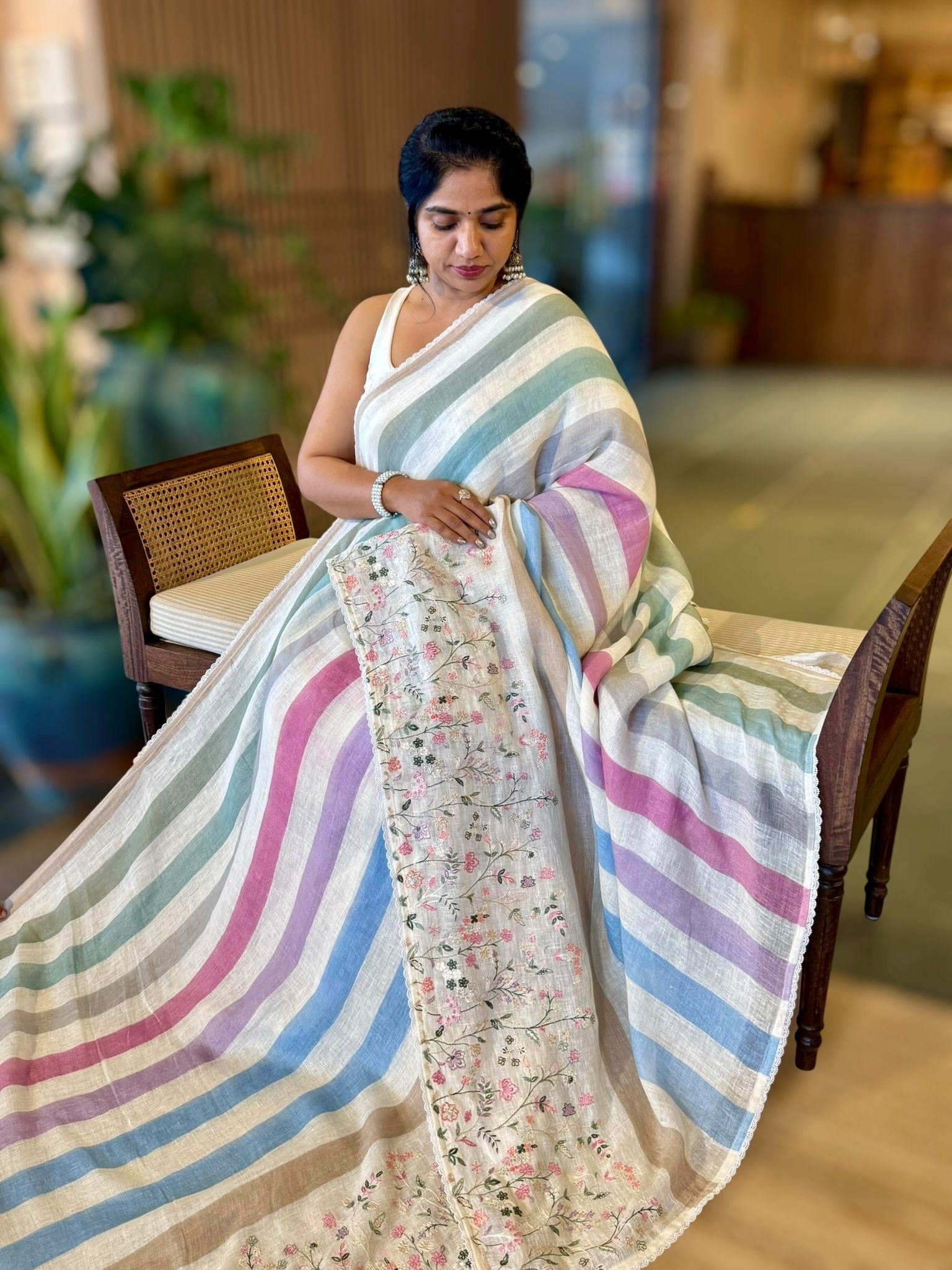 Lenin Saree with Multi Colors stripes and Embroidered Border