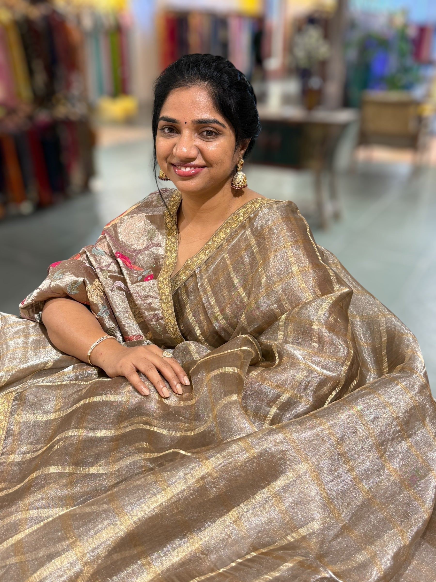 Antique Brown Banarasi Tissue checks Saree with Sabyasachi Borders