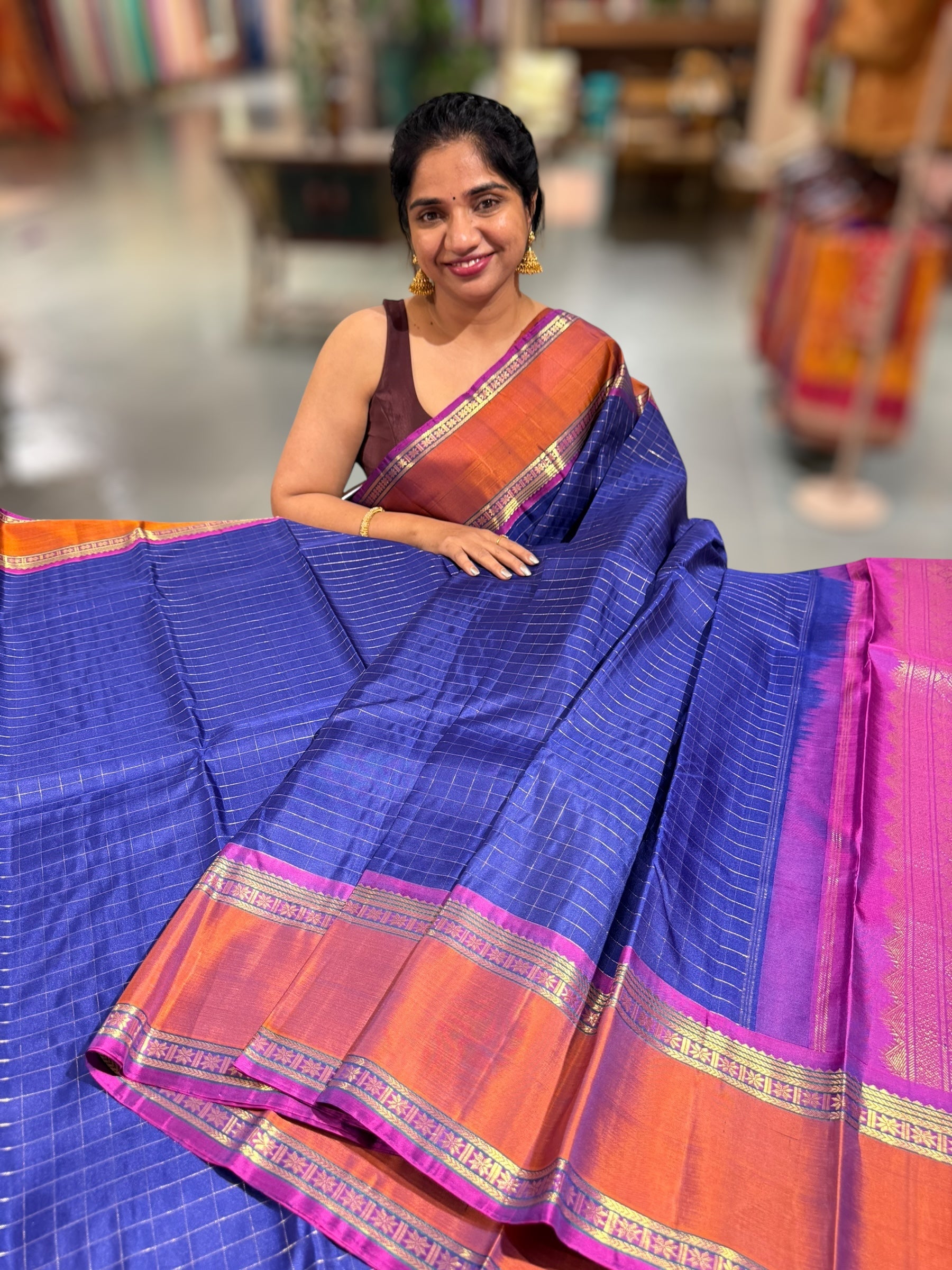 Blue  Kanchi vintage checks saree with Gap Border