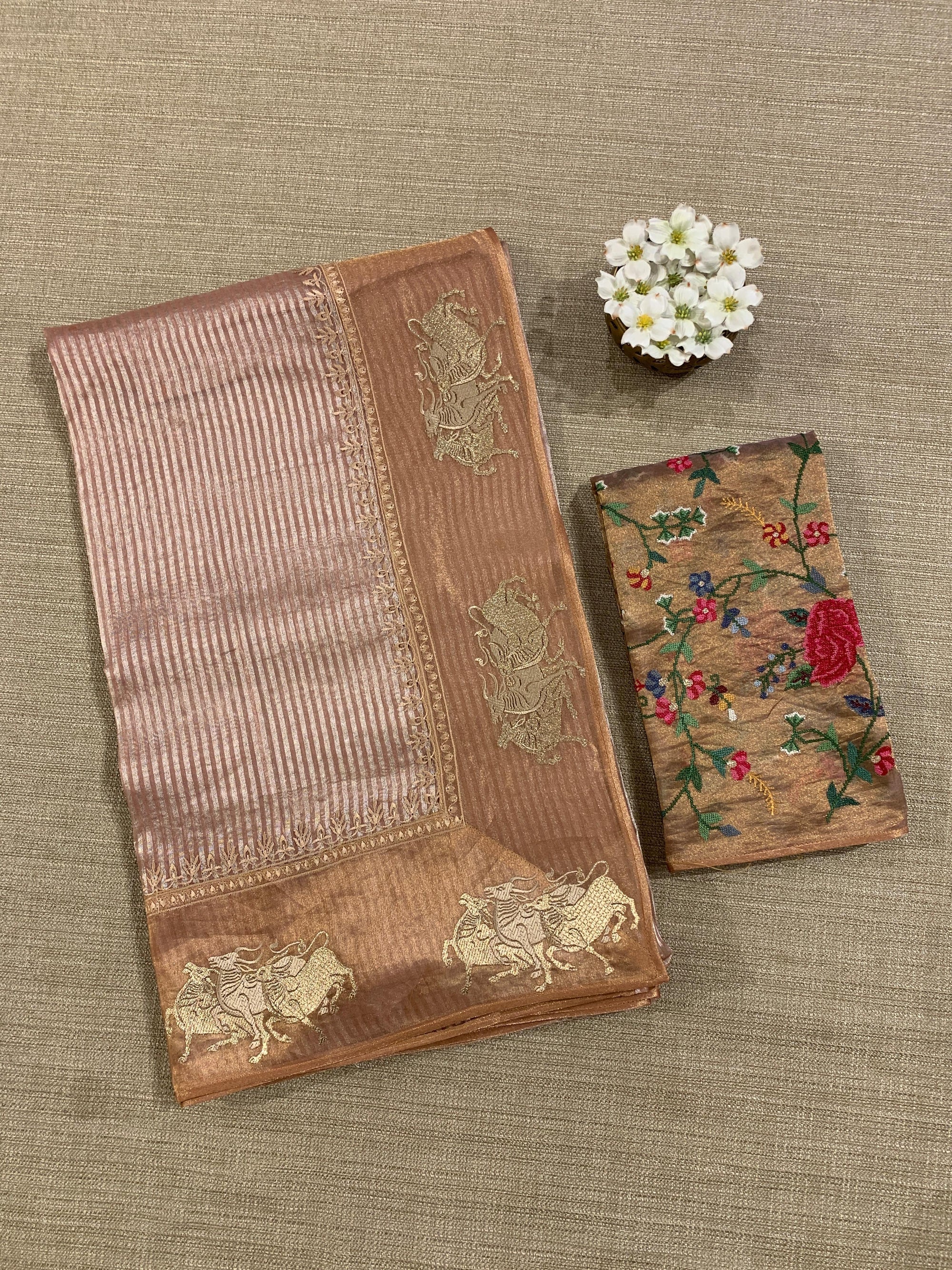 Peach Pink Kora tissue stripes Saree with Nandi embroidered tissue border