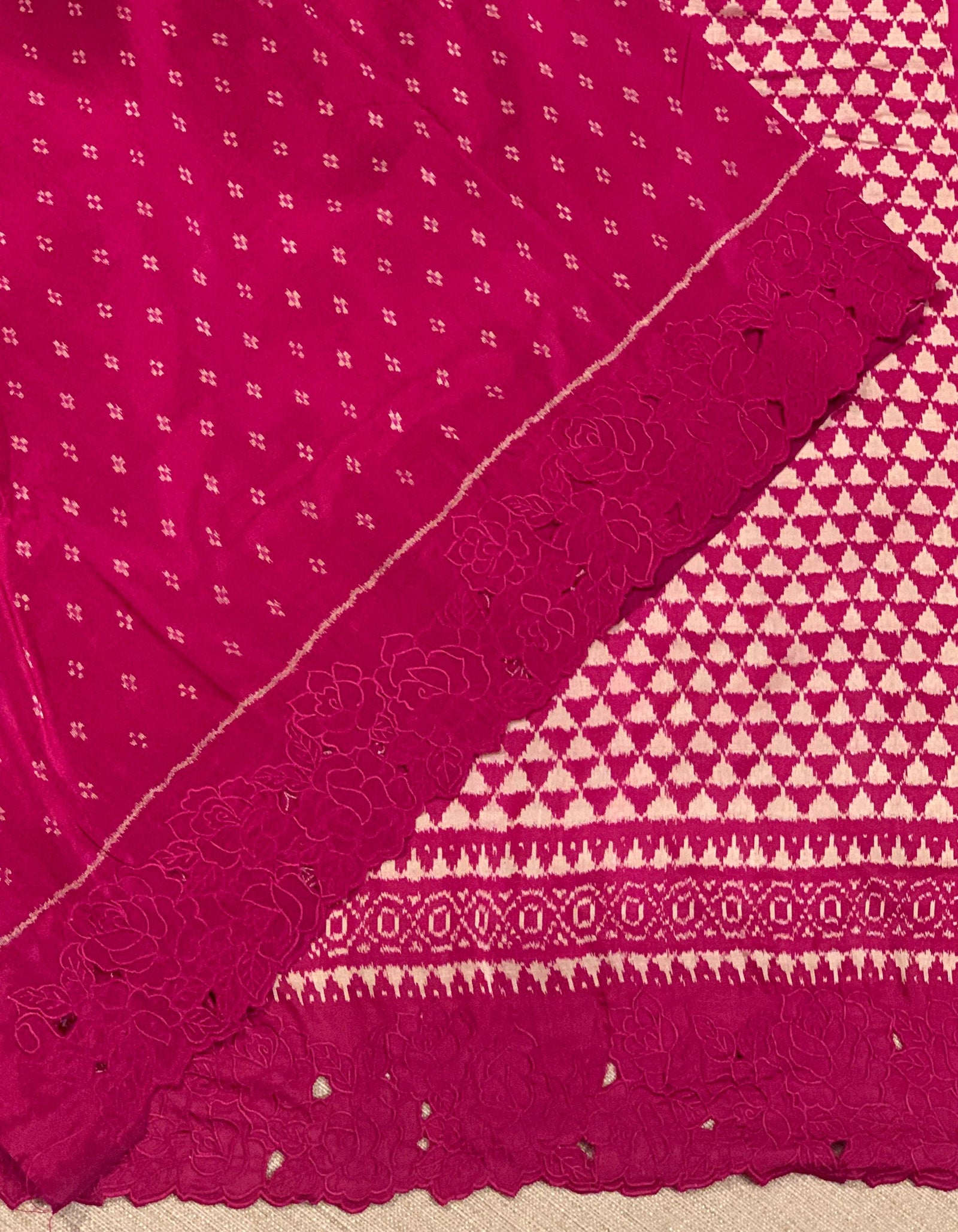 Ruby pink Cambodian–inspired Ikkat Silk Saree with cutwork Rose Border